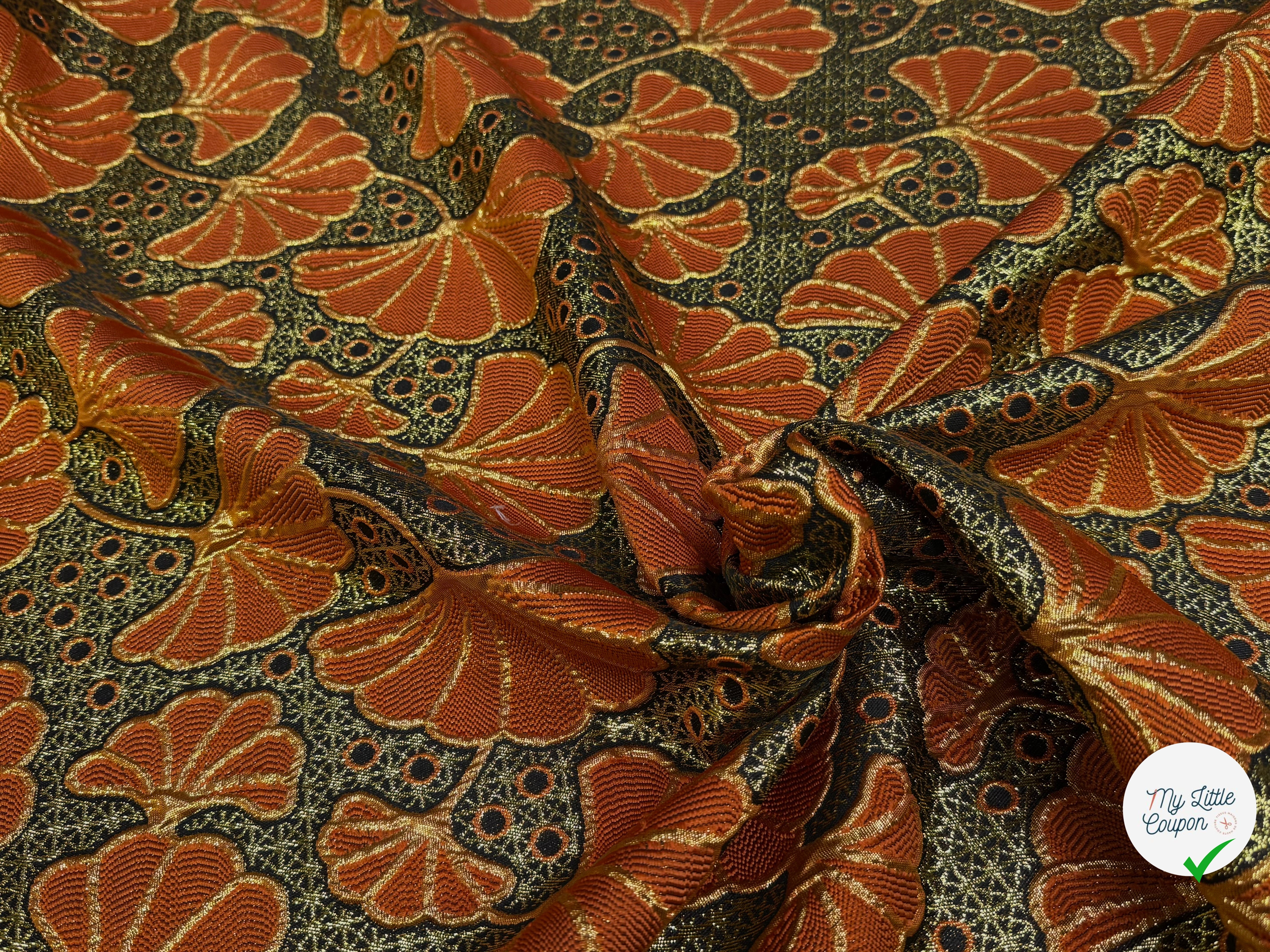 BROCART ARGENTÉ FEUILLAGES ORANGE GOLD - My Little Coupon