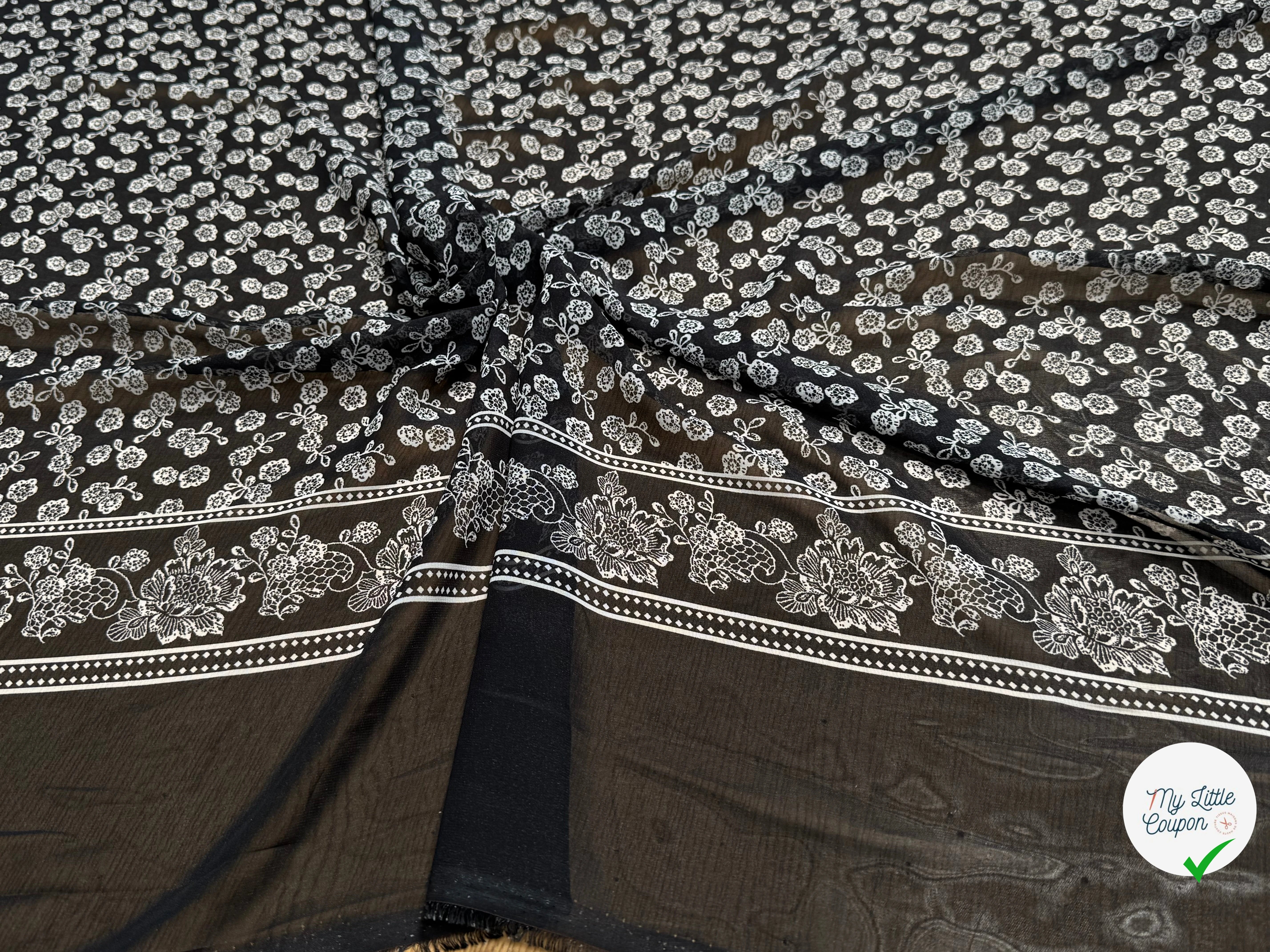 CHIFFON IMPRIMÉ CHIC MOTIFS FLORAUX BLANC SUR FOND NOIR - My Little Coupon