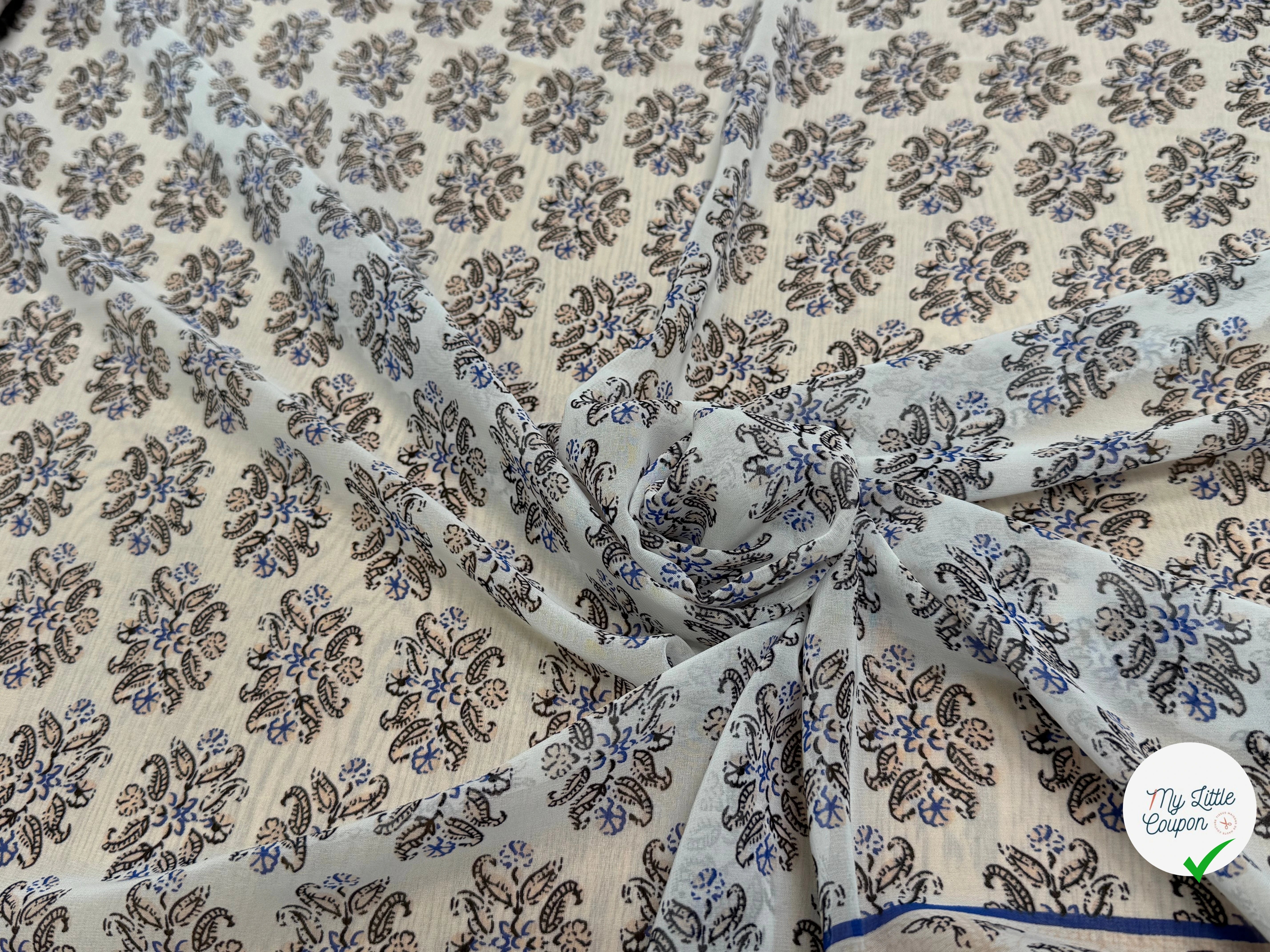 CHIFFON IMPRIMÉ FEUILLAGES CREME BLEU FOND ÉCRU - My Little Coupon