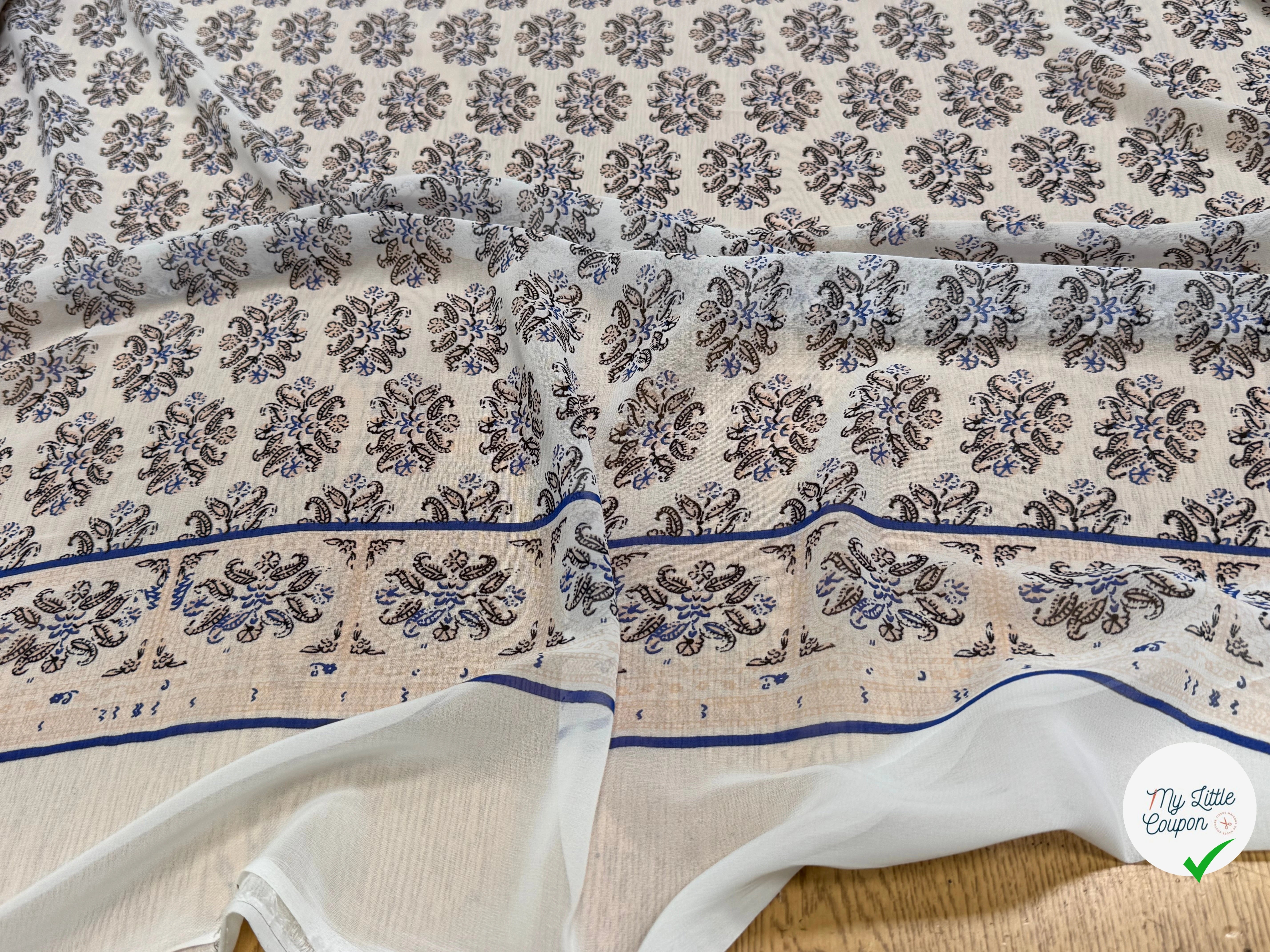 CHIFFON IMPRIMÉ FEUILLAGES CREME BLEU FOND ÉCRU - My Little Coupon