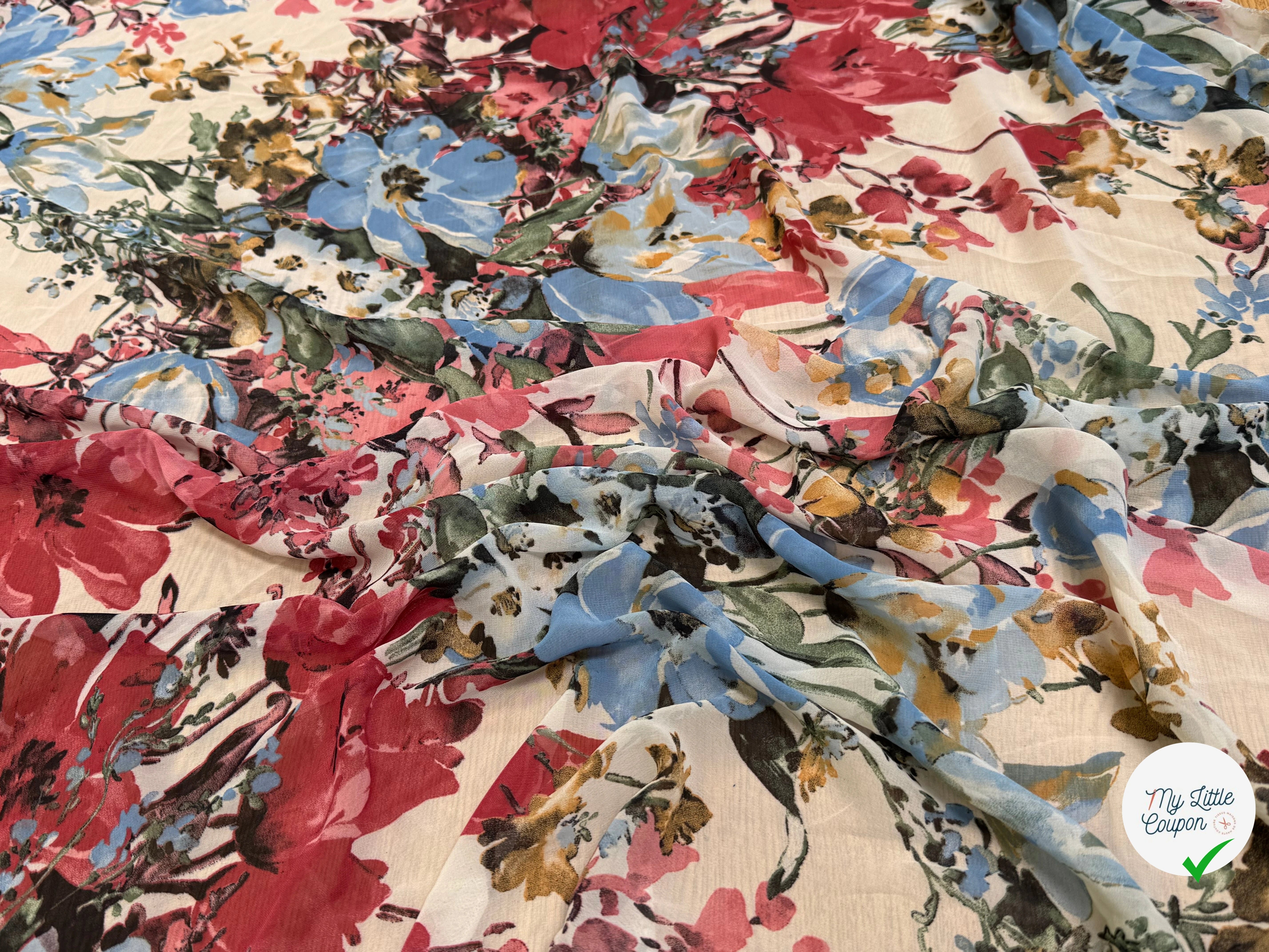 CHIFFON IMPRIMÉ GROSSES FLEURS BLEU ROUGE ULTRA BEAU - My Little Coupon