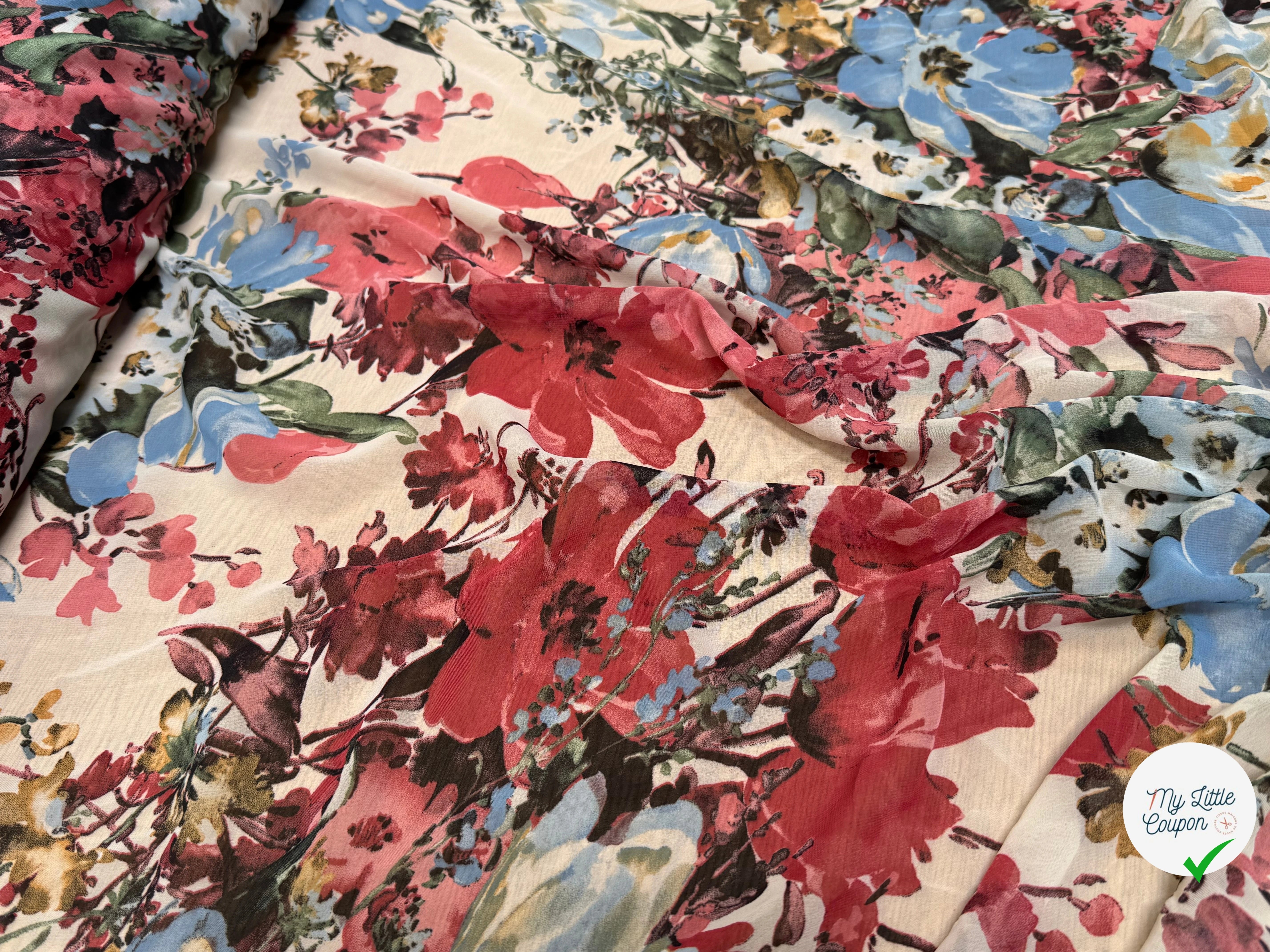 CHIFFON IMPRIMÉ GROSSES FLEURS BLEU ROUGE ULTRA BEAU - My Little Coupon