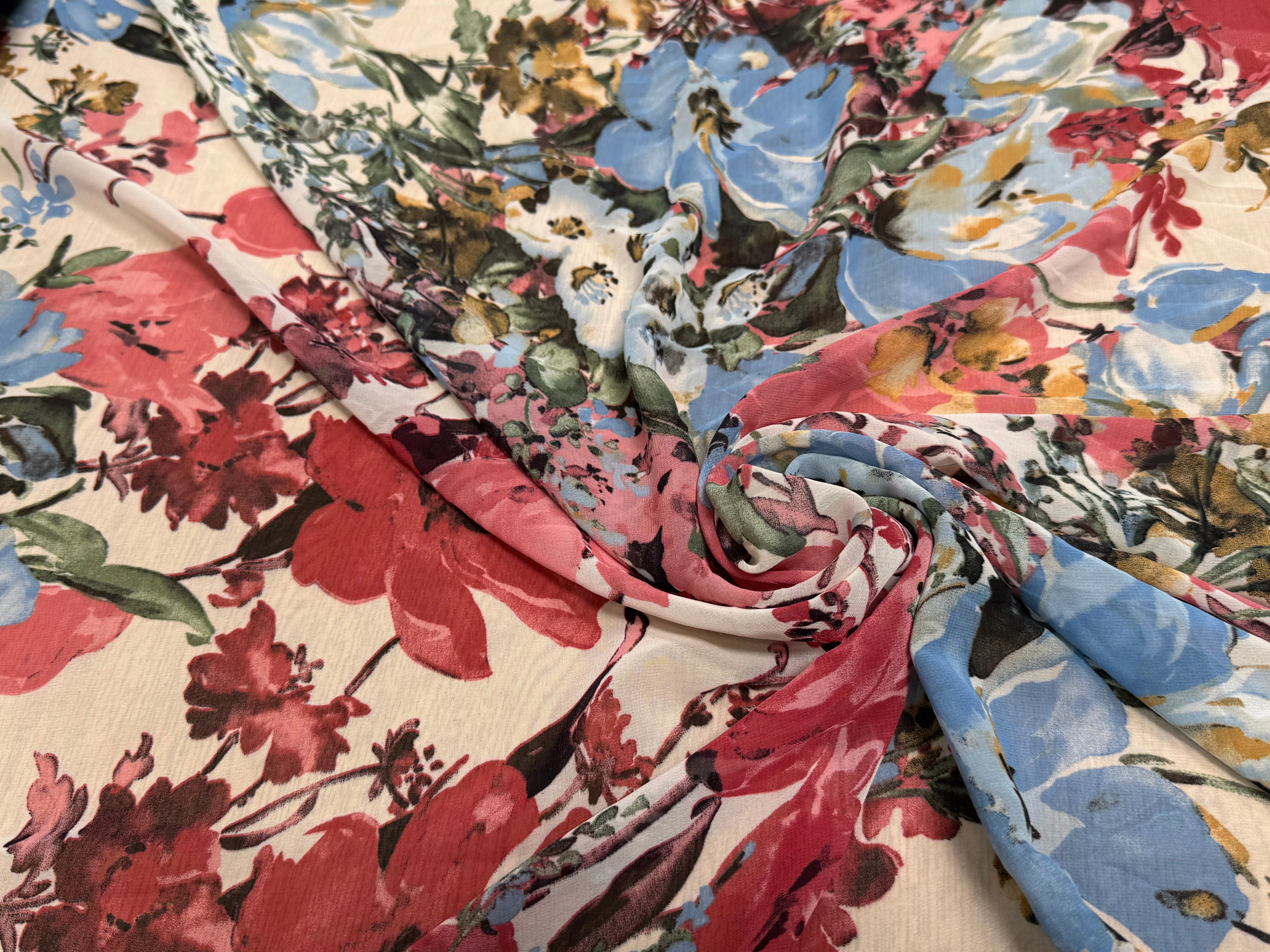 CHIFFON IMPRIMÉ GROSSES FLEURS BLEU ROUGE ULTRA BEAU - My Little Coupon