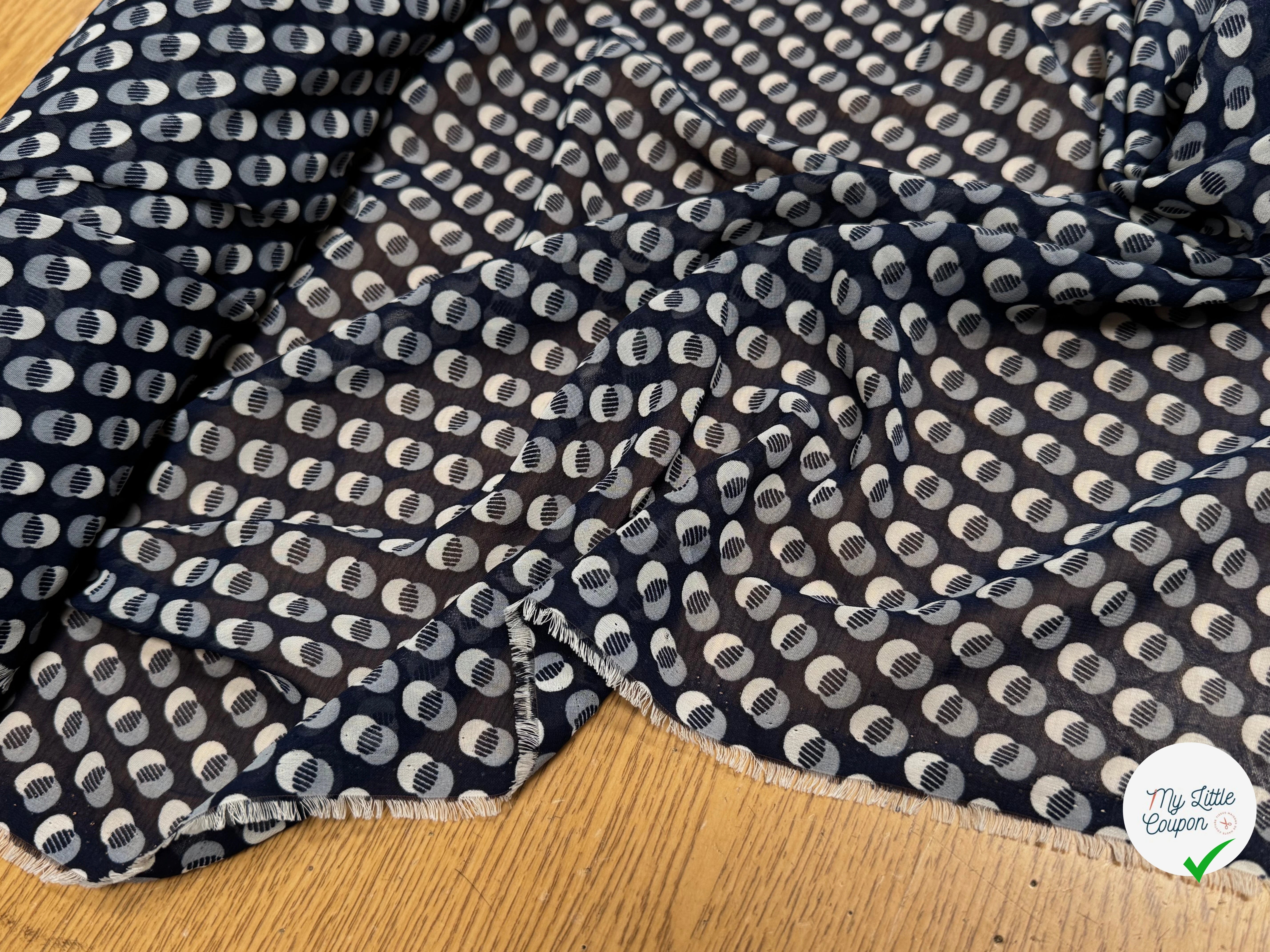 CHIFFON IMPRIMÉ MOTIFS CIRCULAIRES À OMBRE FOND MARINE - My Little Coupon