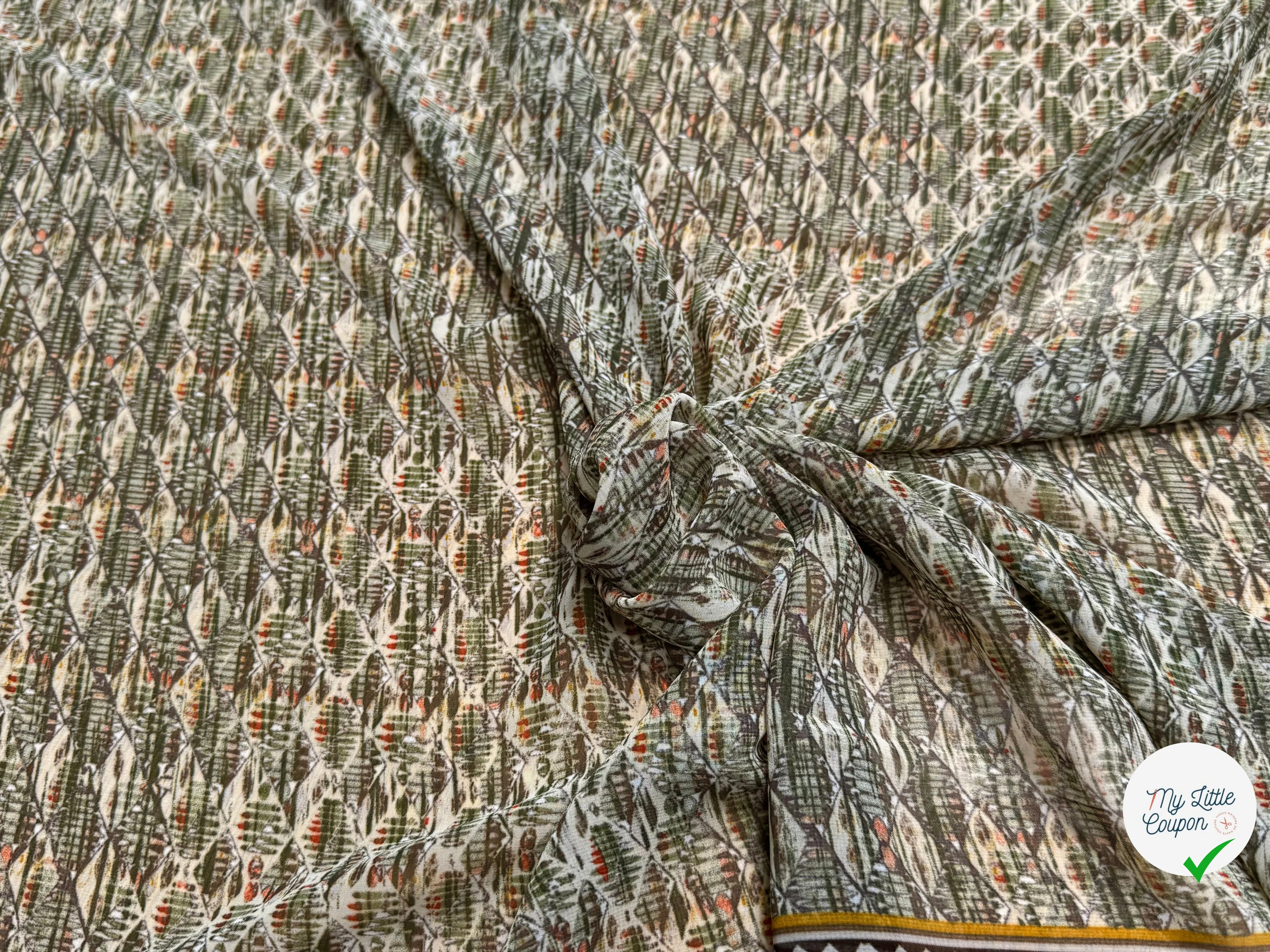 CHIFFON IMPRIMÉ MOTIFS GÉOMETRIQUES BEIGE KAKI - My Little Coupon