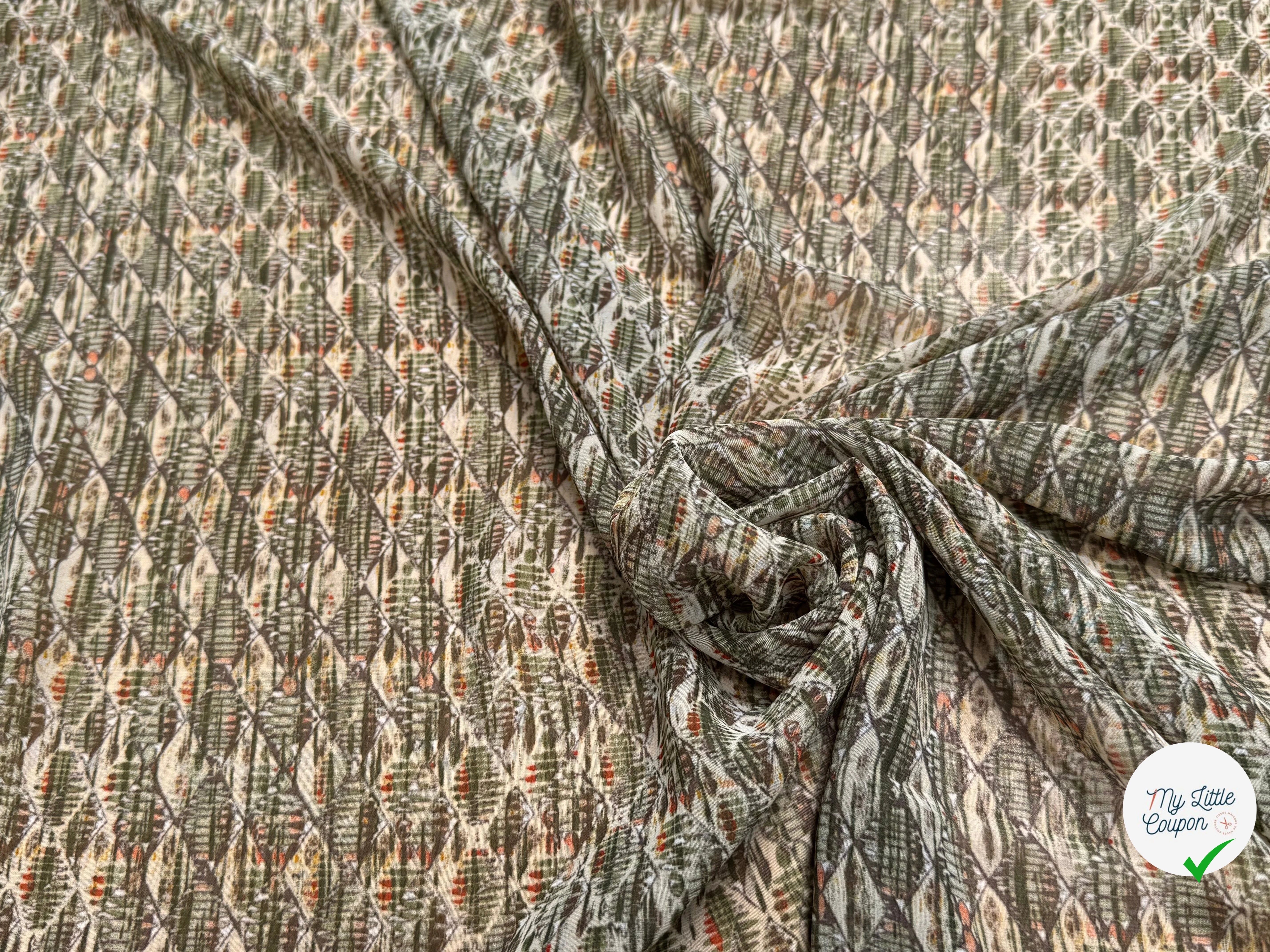 CHIFFON IMPRIMÉ MOTIFS GÉOMETRIQUES BEIGE KAKI - My Little Coupon