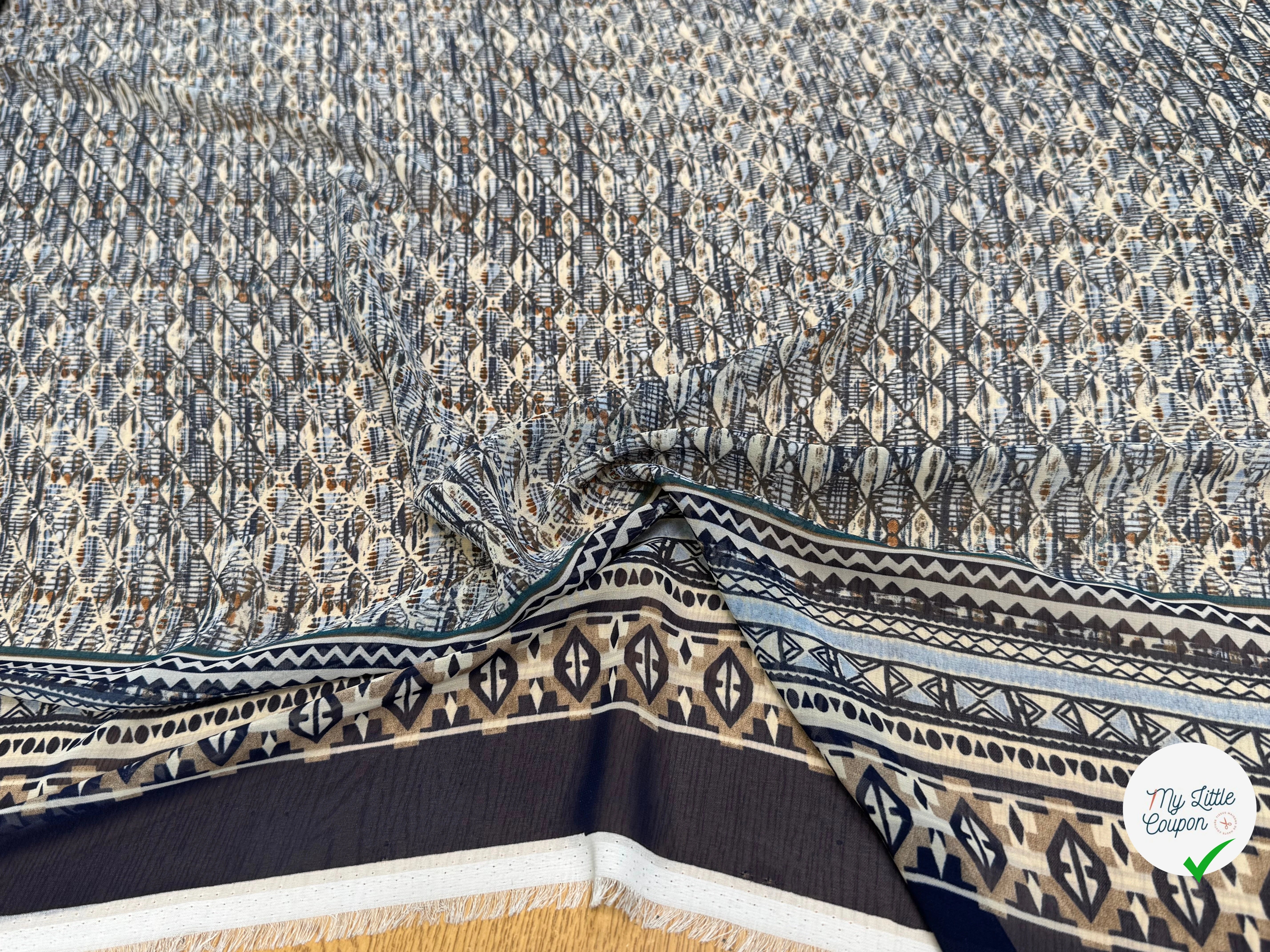 CHIFFON IMPRIMÉ MOTIFS GÉOMETRIQUES CIEL MARINE - My Little Coupon
