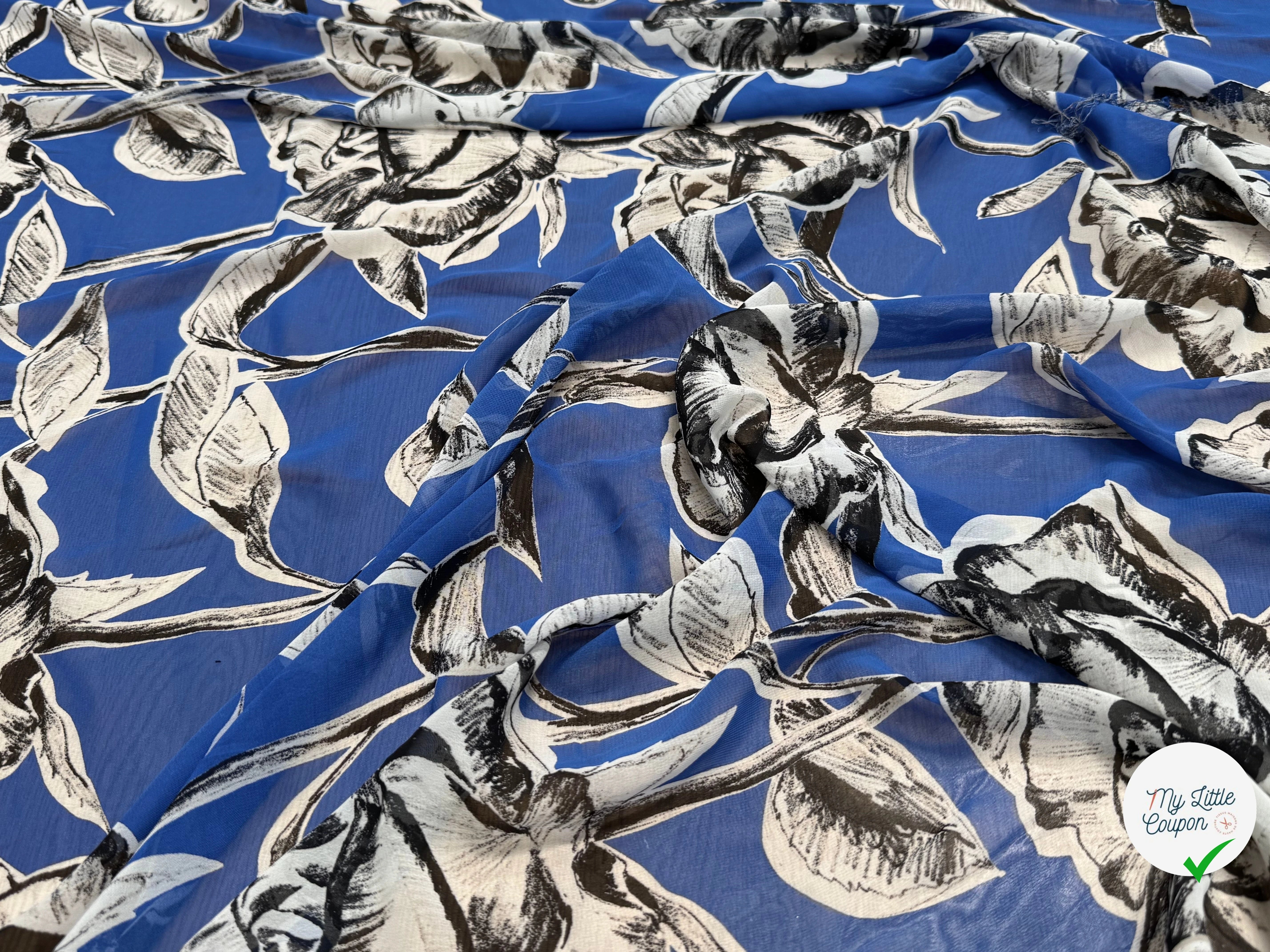CHIFFON PRINTED FOND BLEU GROSSES FLEURS BLANC NOIR - My Little Coupon