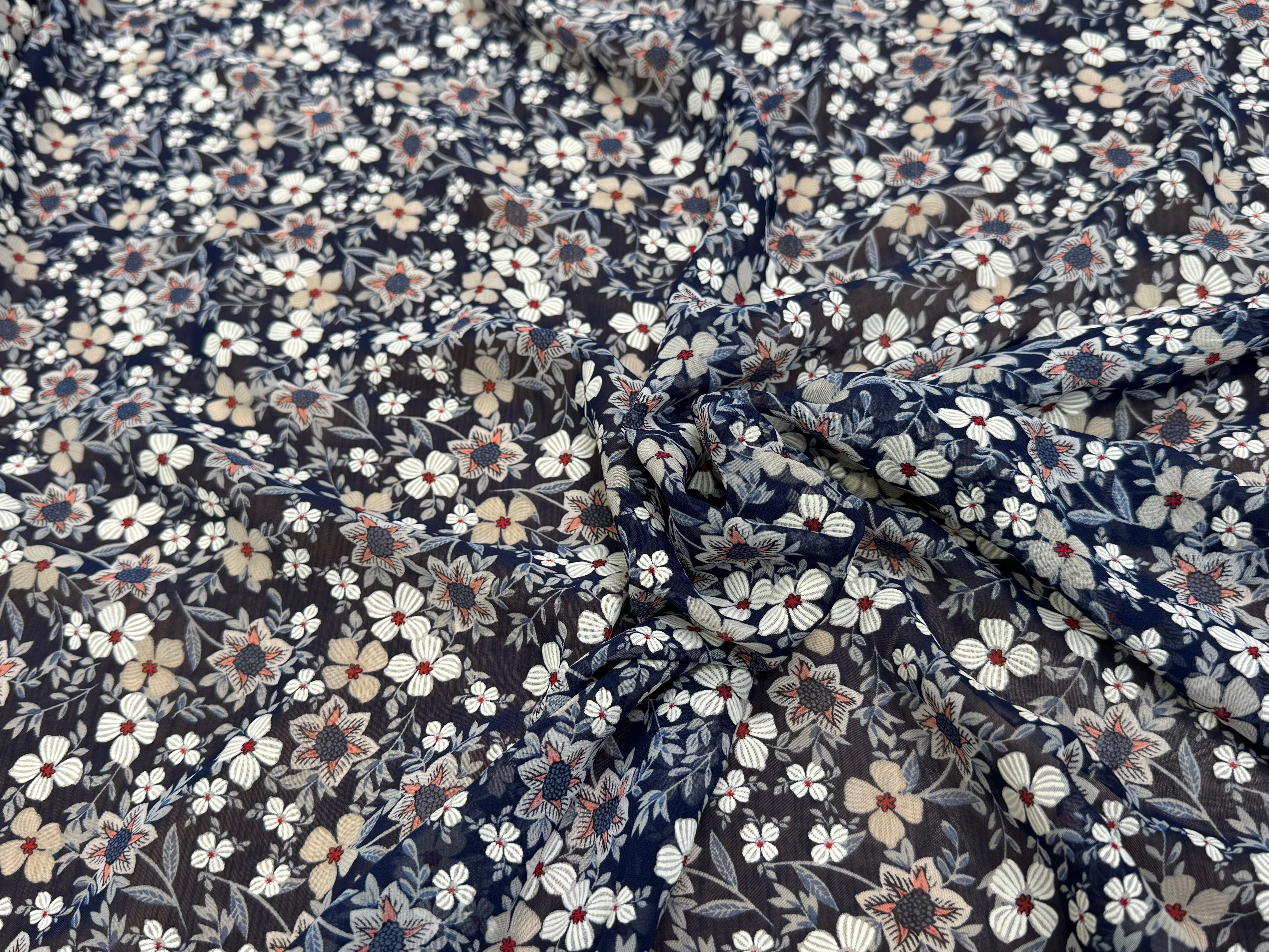 CHIFFON PRINTED JOLIES FLEURS FOND MARINE - My Little Coupon