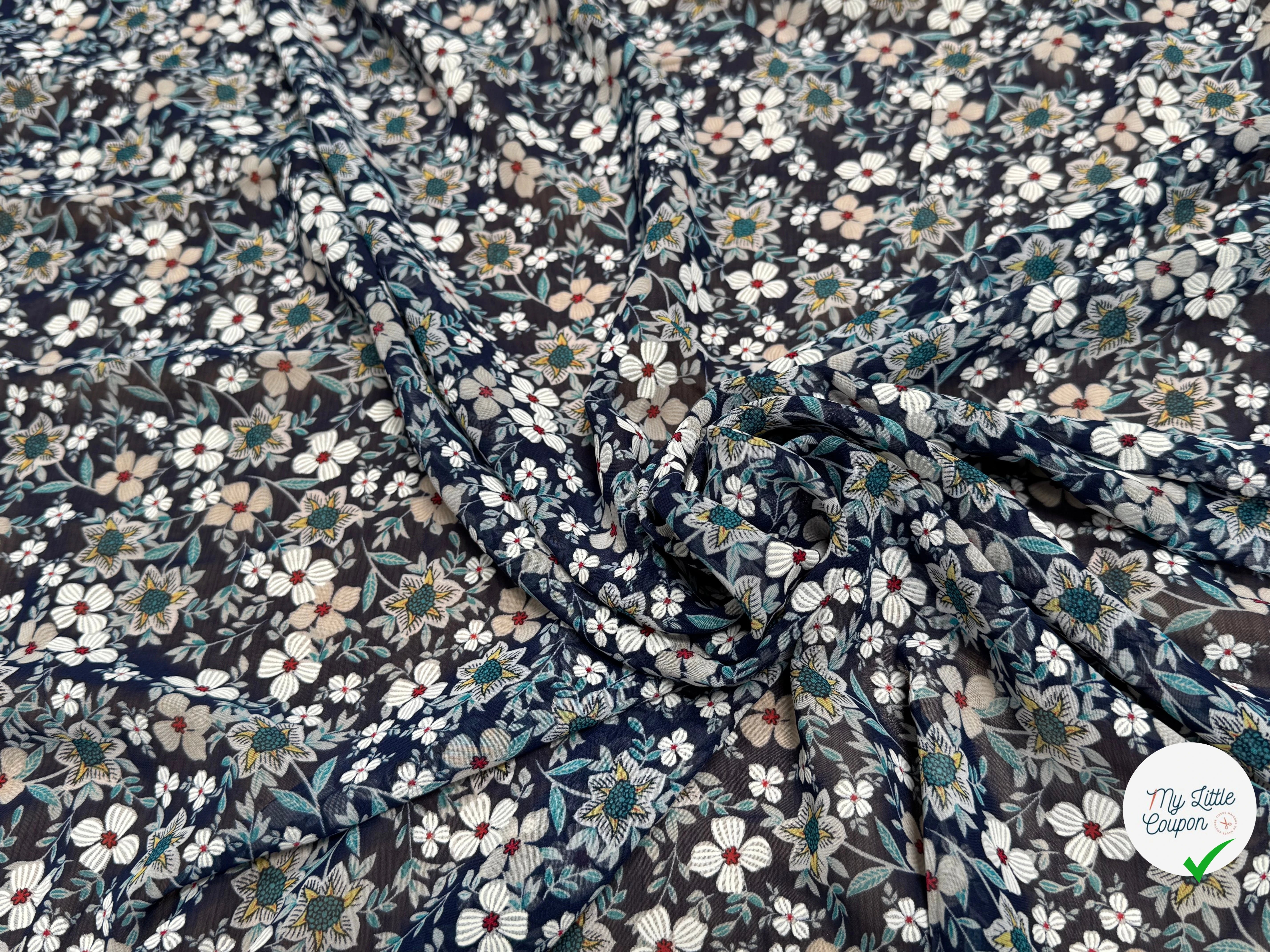 CHIFFON PRINTED JOLIES FLEURS MULTICOLORES FOND MARINE - My Little Coupon