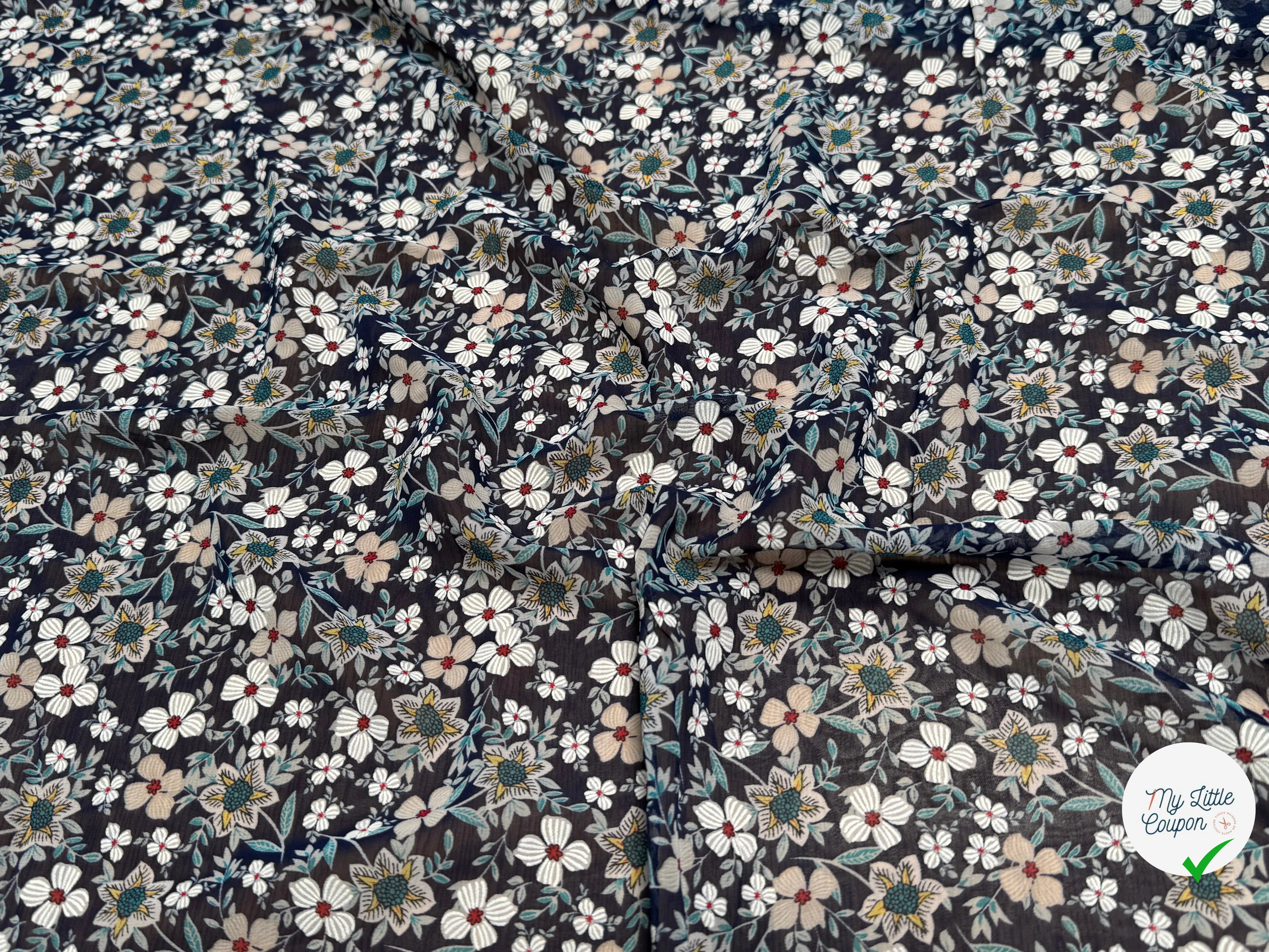 CHIFFON PRINTED JOLIES FLEURS MULTICOLORES FOND MARINE - My Little Coupon