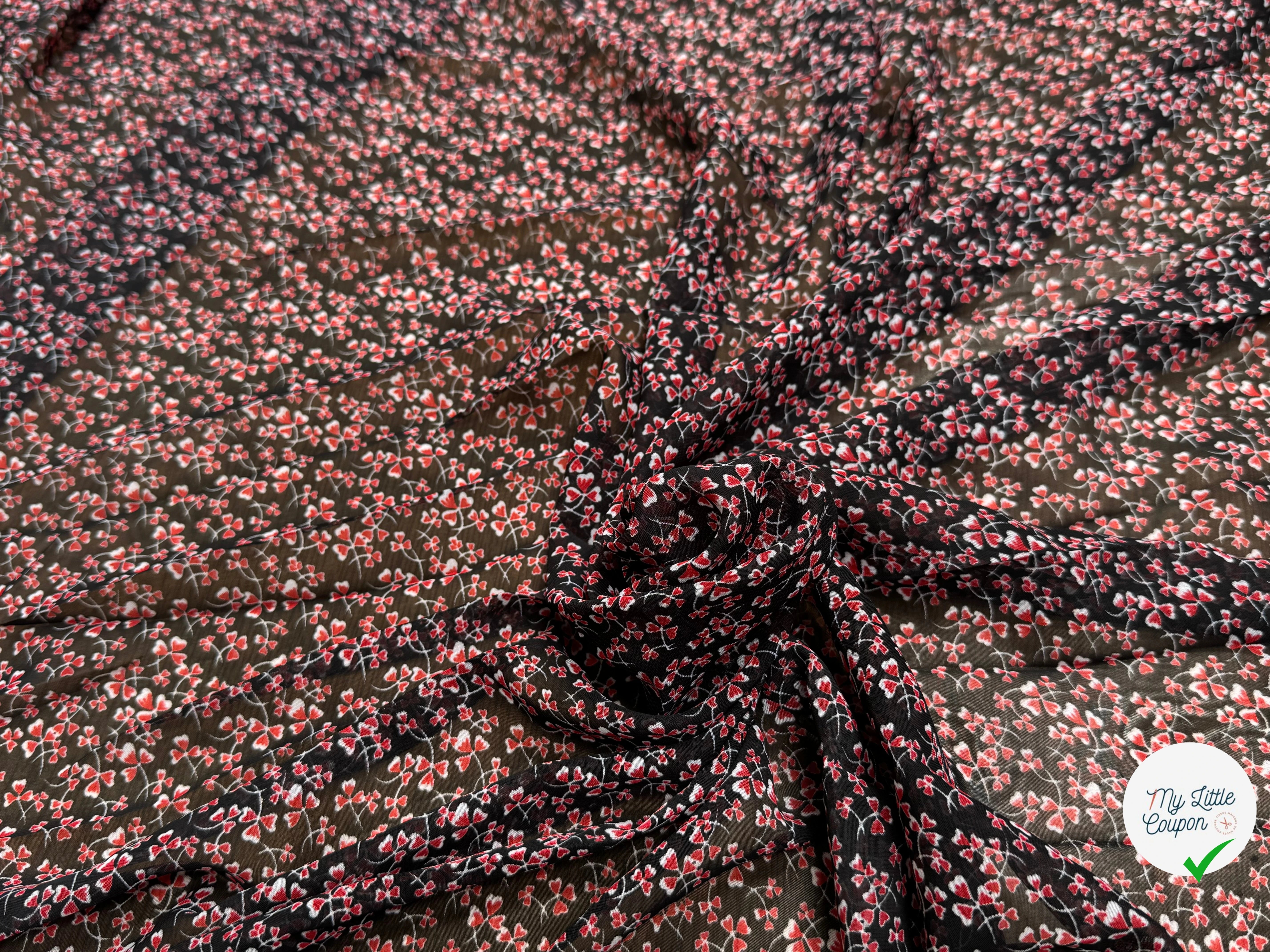 CHIFFON PRINTED LITTLE FLOWERS ROUGE SUR FOND NOIR - My Little Coupon