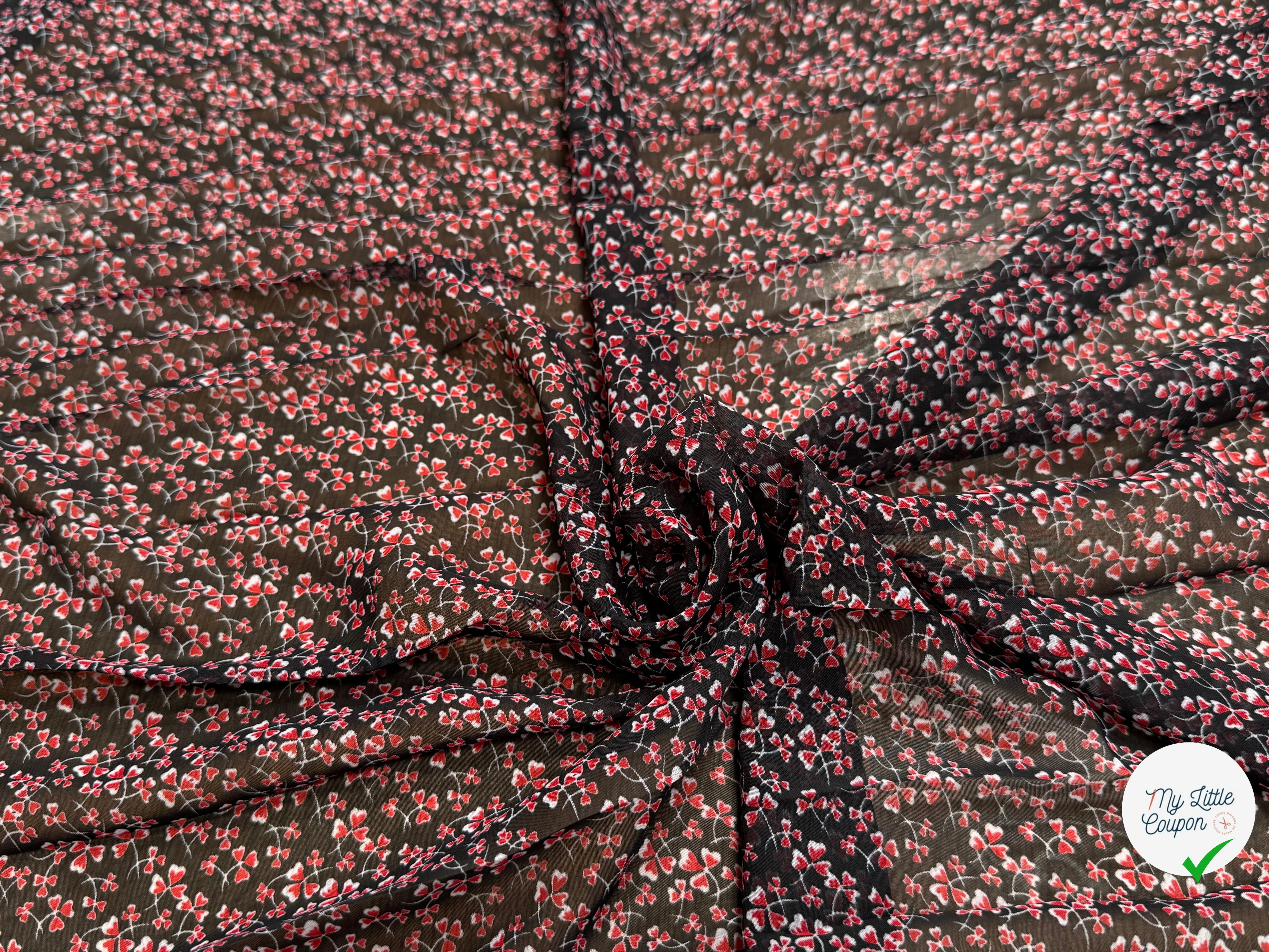 CHIFFON PRINTED LITTLE FLOWERS ROUGE SUR FOND NOIR - My Little Coupon