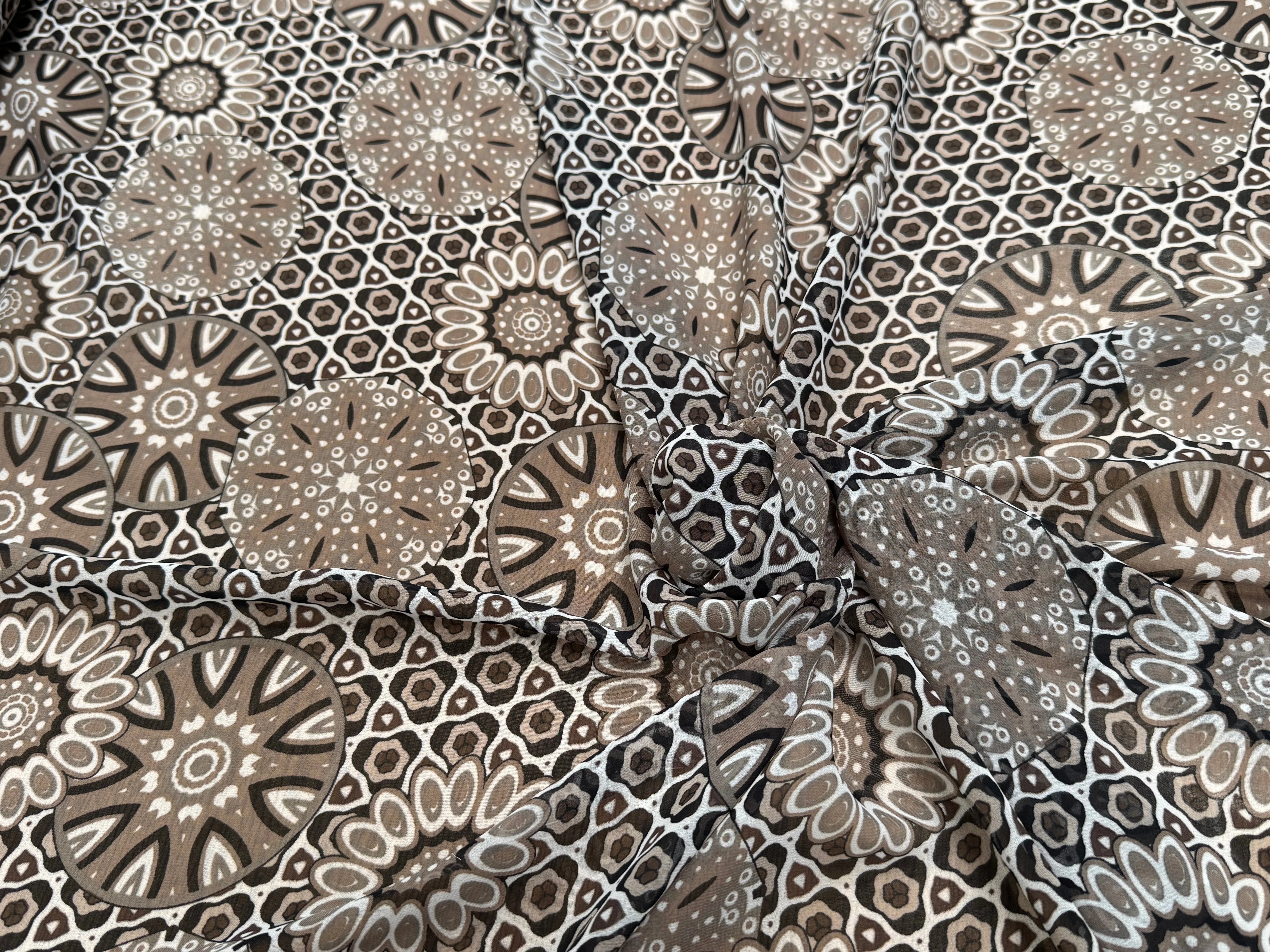 CHIFFON PRINTED MOTIF CIRCULAIRES GÉOMETRIQUES MARRON&NOIR - My Little Coupon