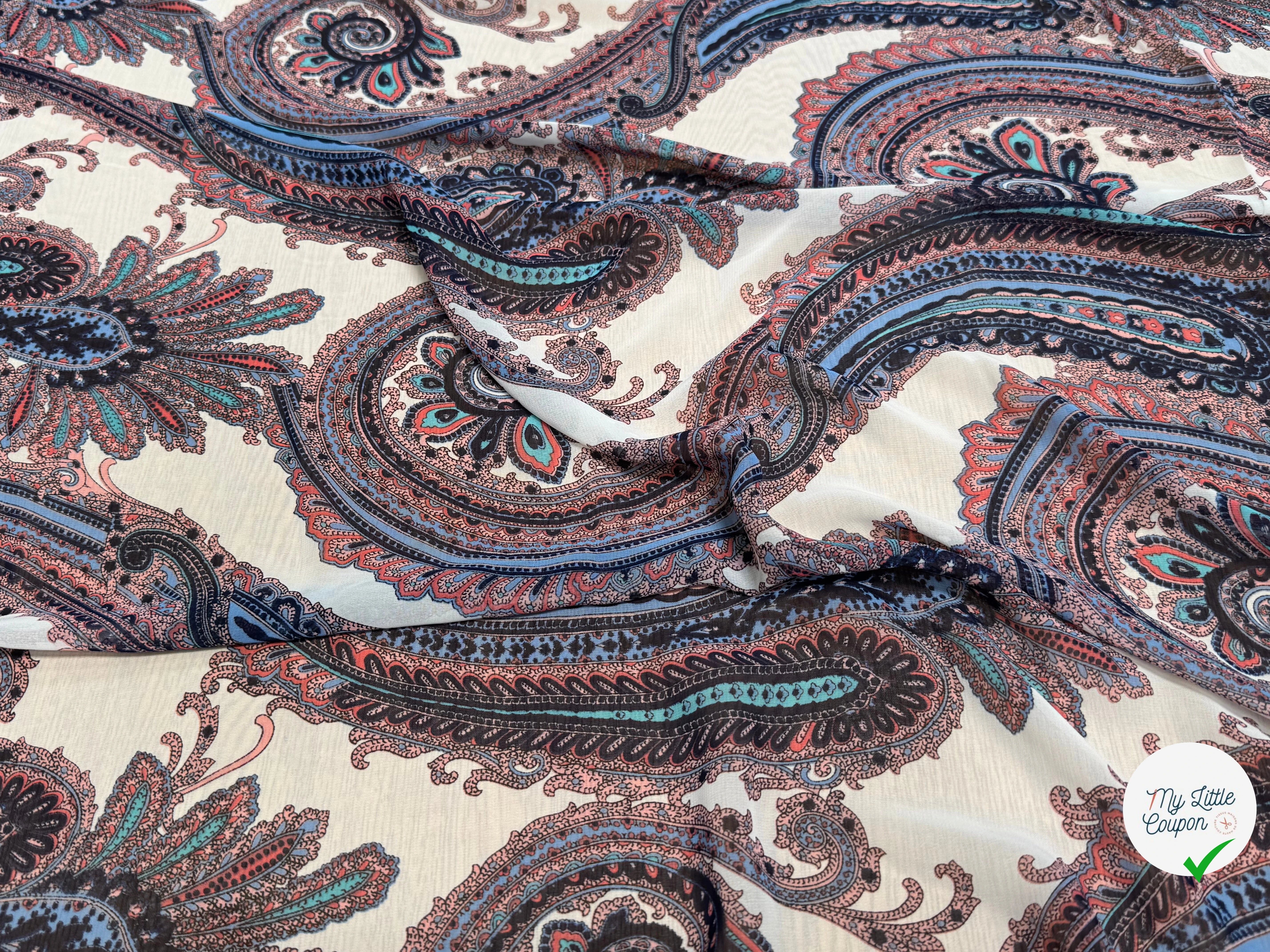 CHIFFON PRINTED MOTIFS ABSTRAITS MULTICOLORES FOND ÉCRU - My Little Coupon