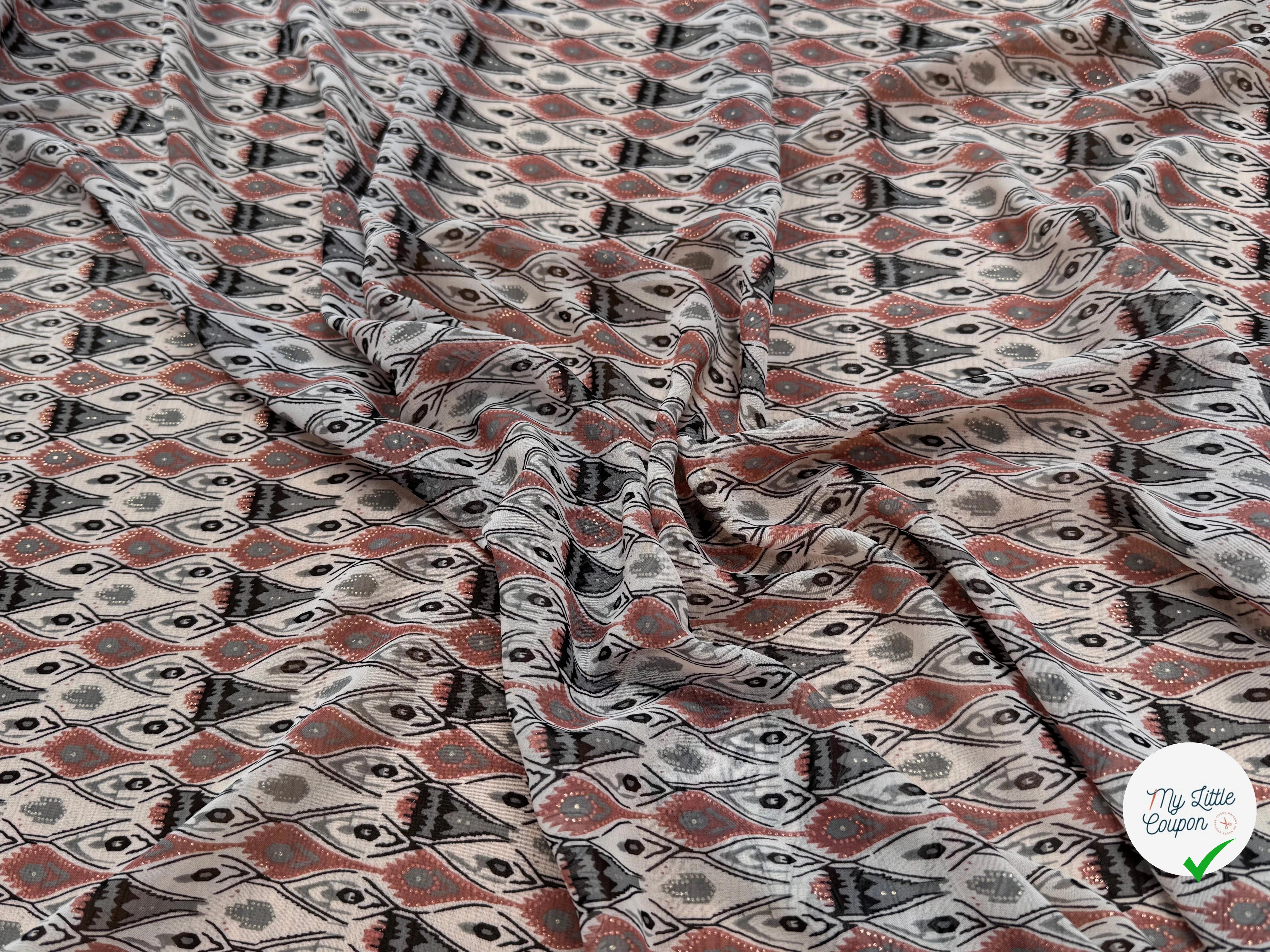 CHIFFON PRINTED MOTIS GÉOMETRIQUES CREME CHOCO FOND ÉCRU - My Little Coupon