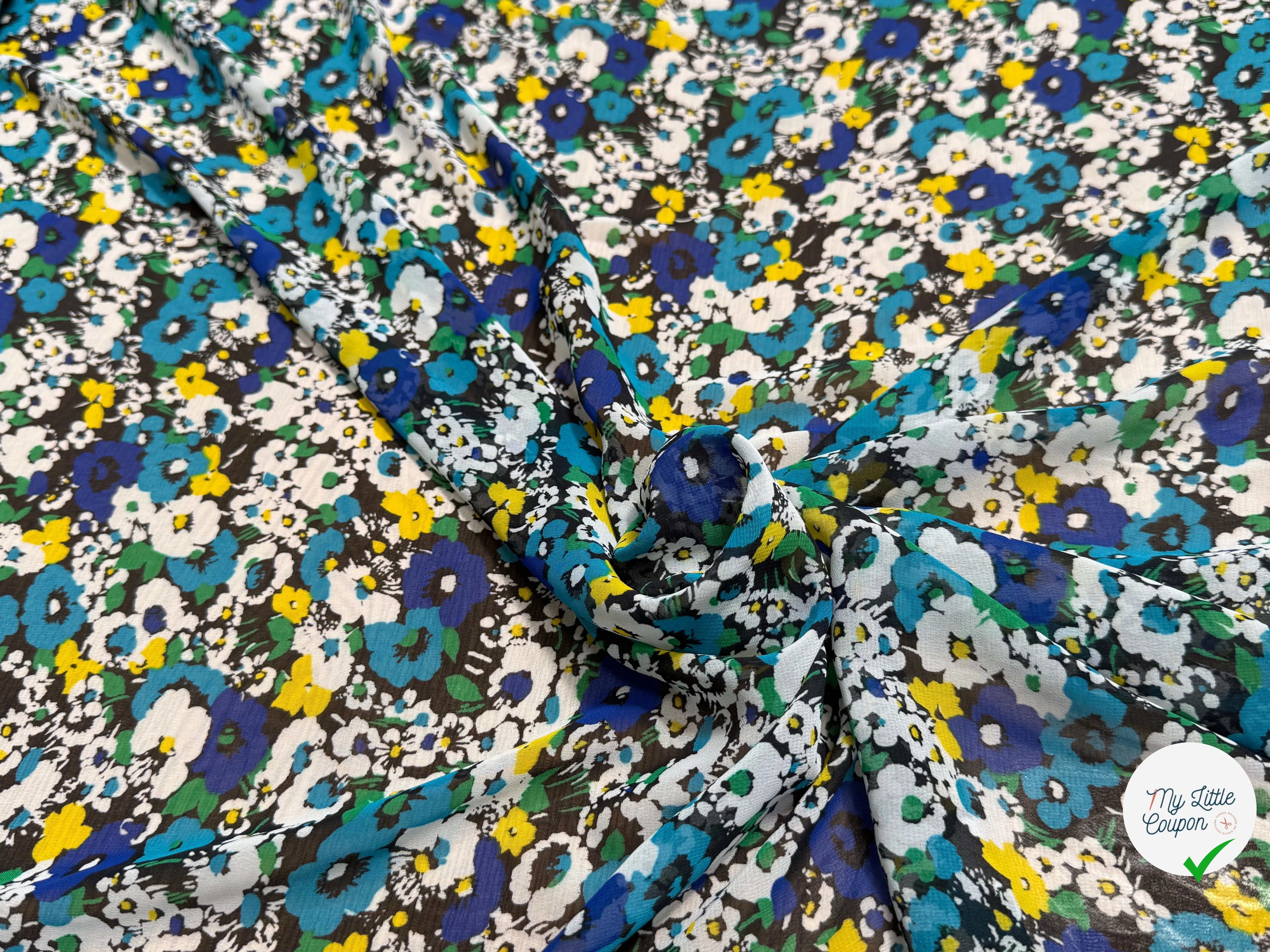 CHIFFON PRINTED TRÈS JOLIES FLEURS MULTICOLORES BLEU JAUNE&TURQUOISE - My Little Coupon