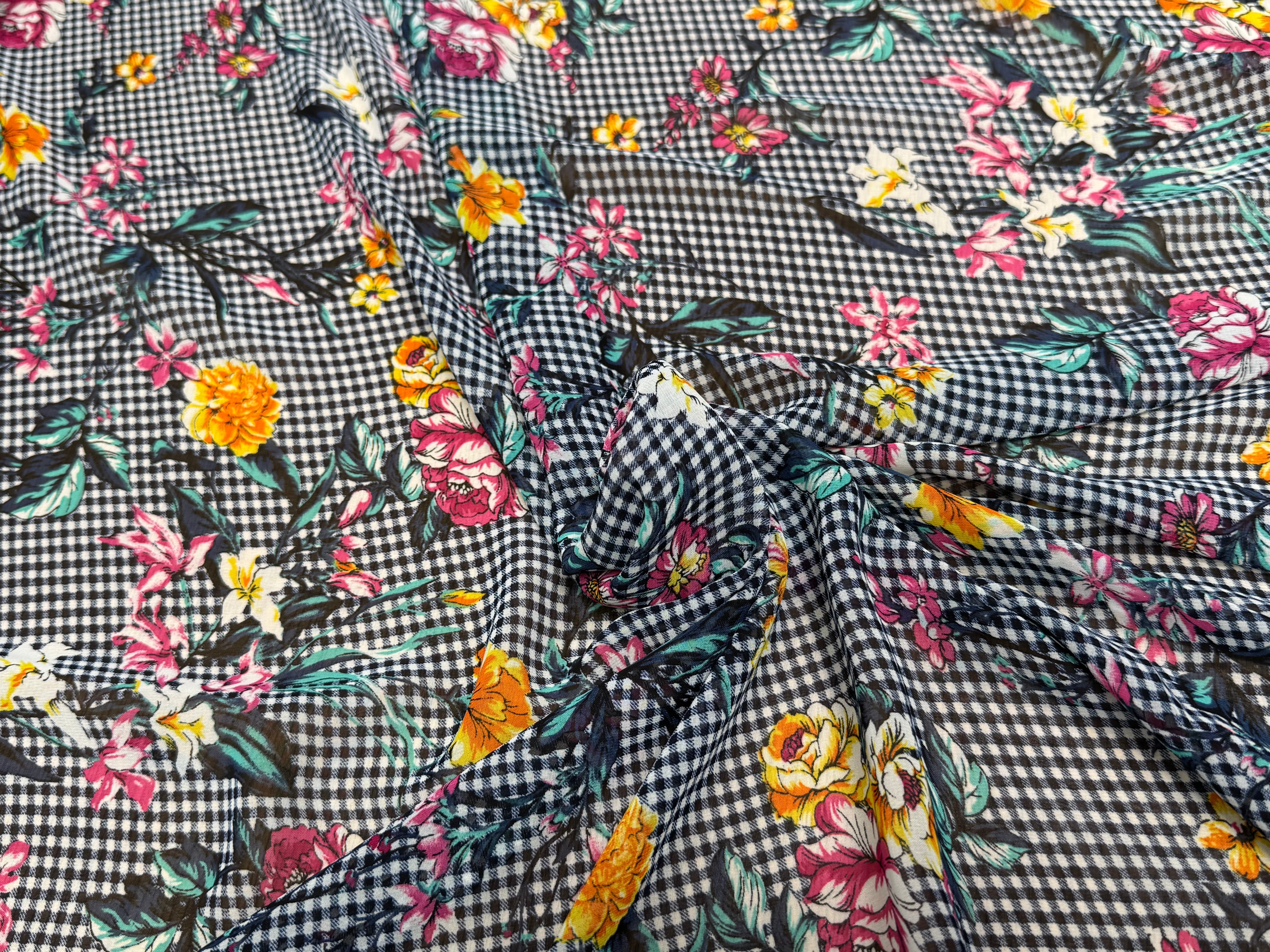 CHIFFON VICHY BLEU FLUIDE GROSSES FLEURS SUPER BEAU - My Little Coupon