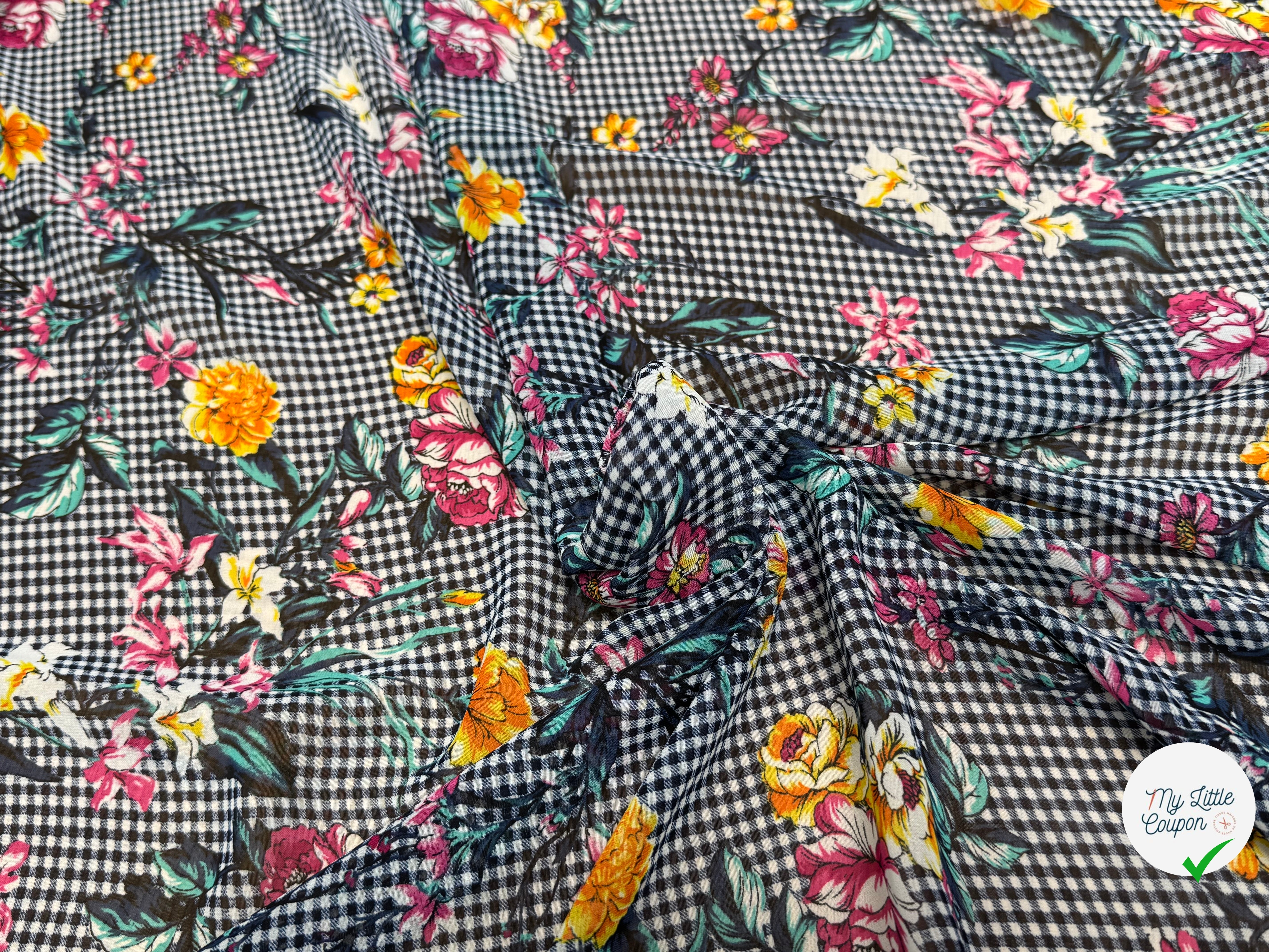 CHIFFON VICHY BLEU FLUIDE GROSSES FLEURS SUPER BEAU - My Little Coupon