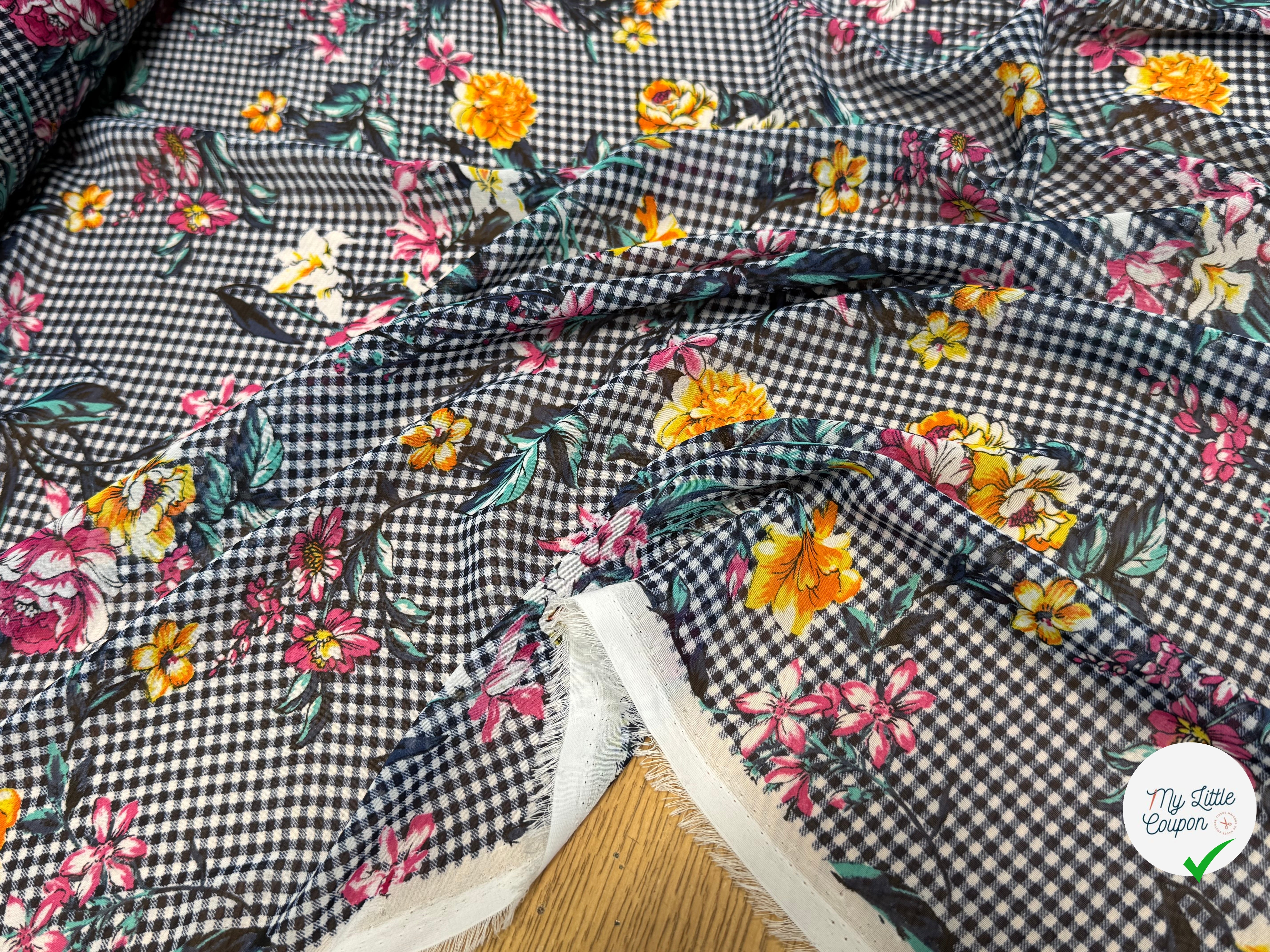 CHIFFON VICHY BLEU FLUIDE GROSSES FLEURS SUPER BEAU - My Little Coupon