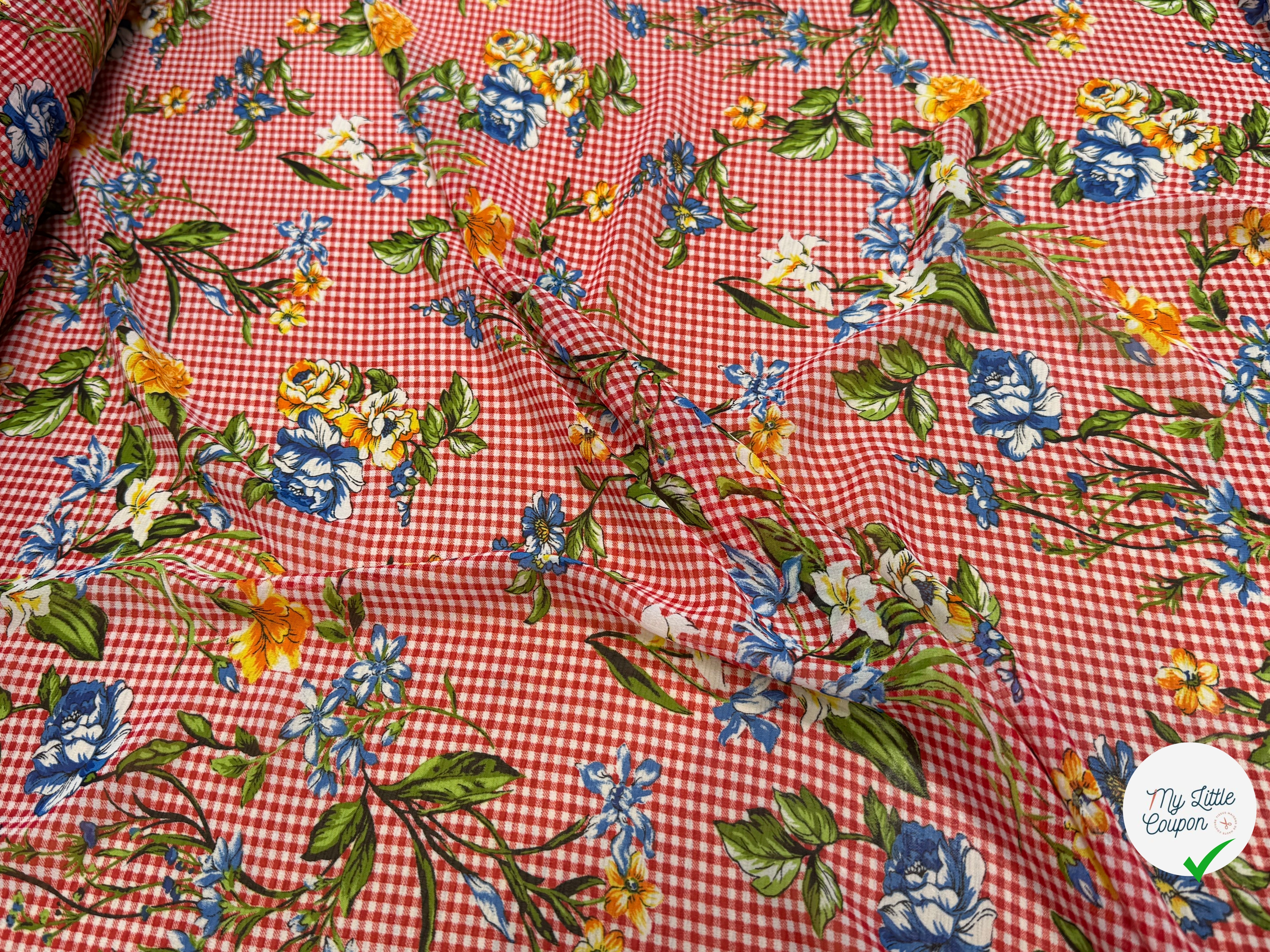 CHIFFON VICHY ROUGE FLUIDE GROSSES FLEURS SUPER BEAU - My Little Coupon