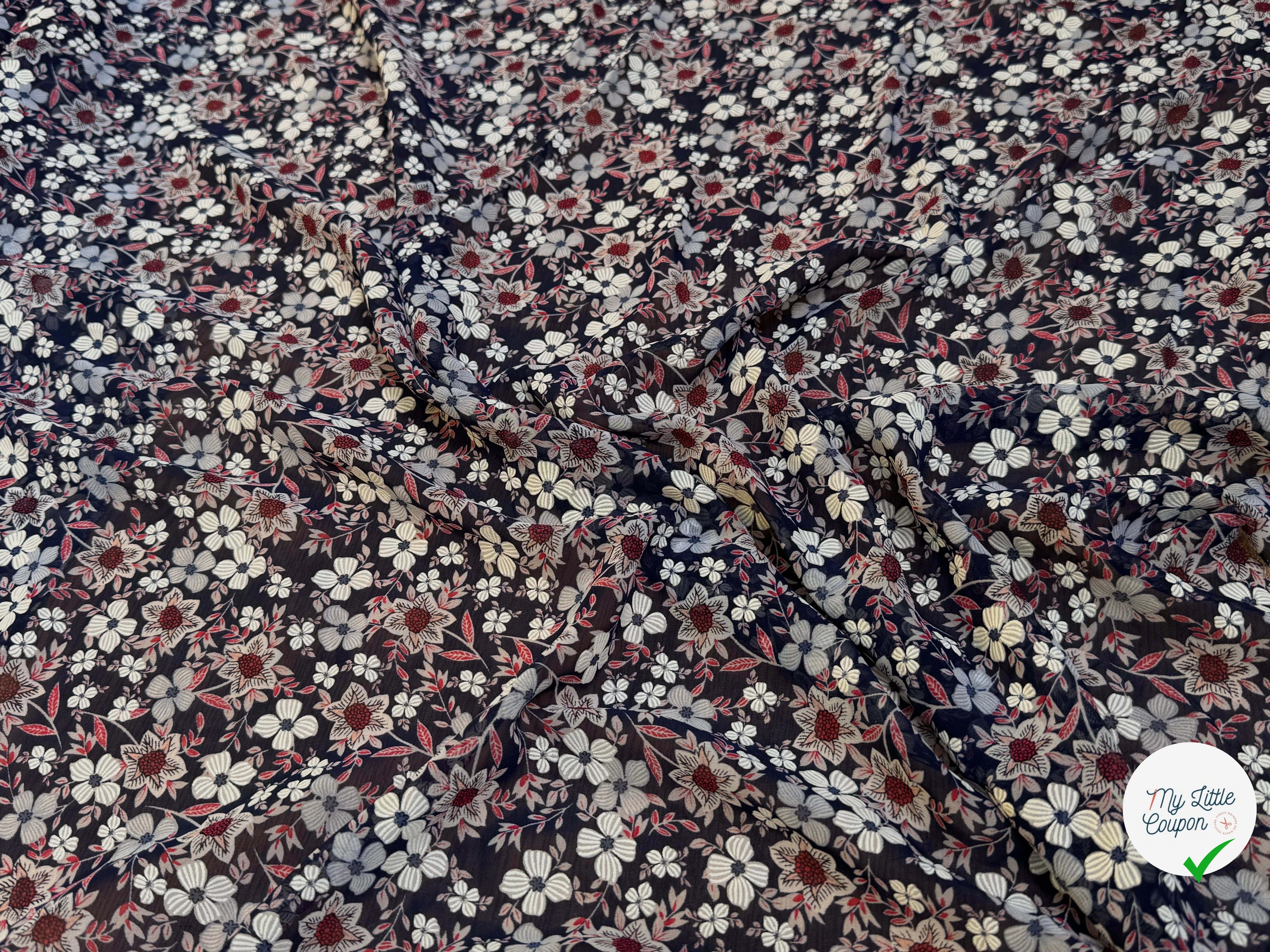 CHIFFON PRINTED JOLIES FLEURS FOND NAVY - My Little Coupon