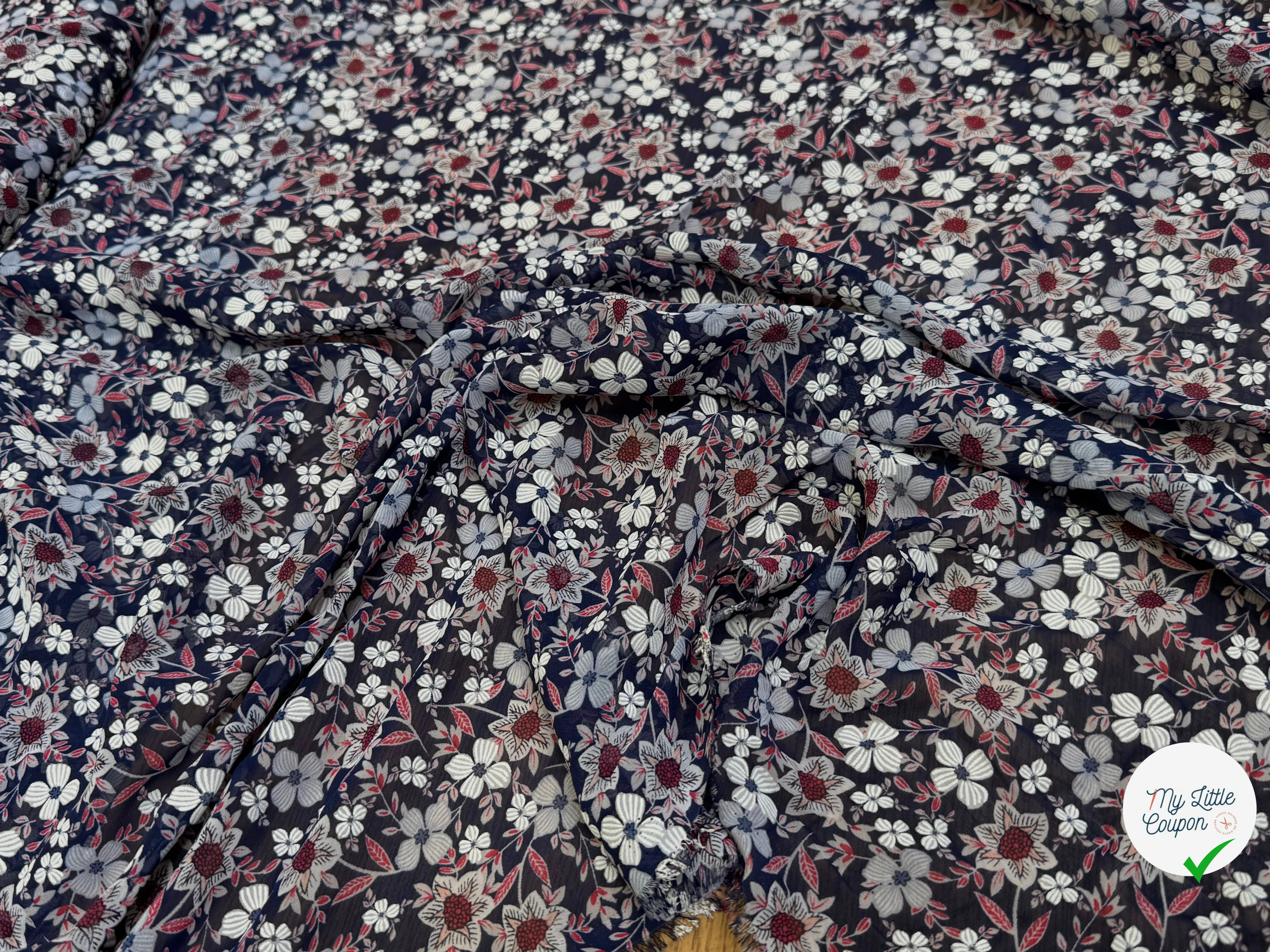 CHIFFON PRINTED JOLIES FLEURS FOND NAVY - My Little Coupon