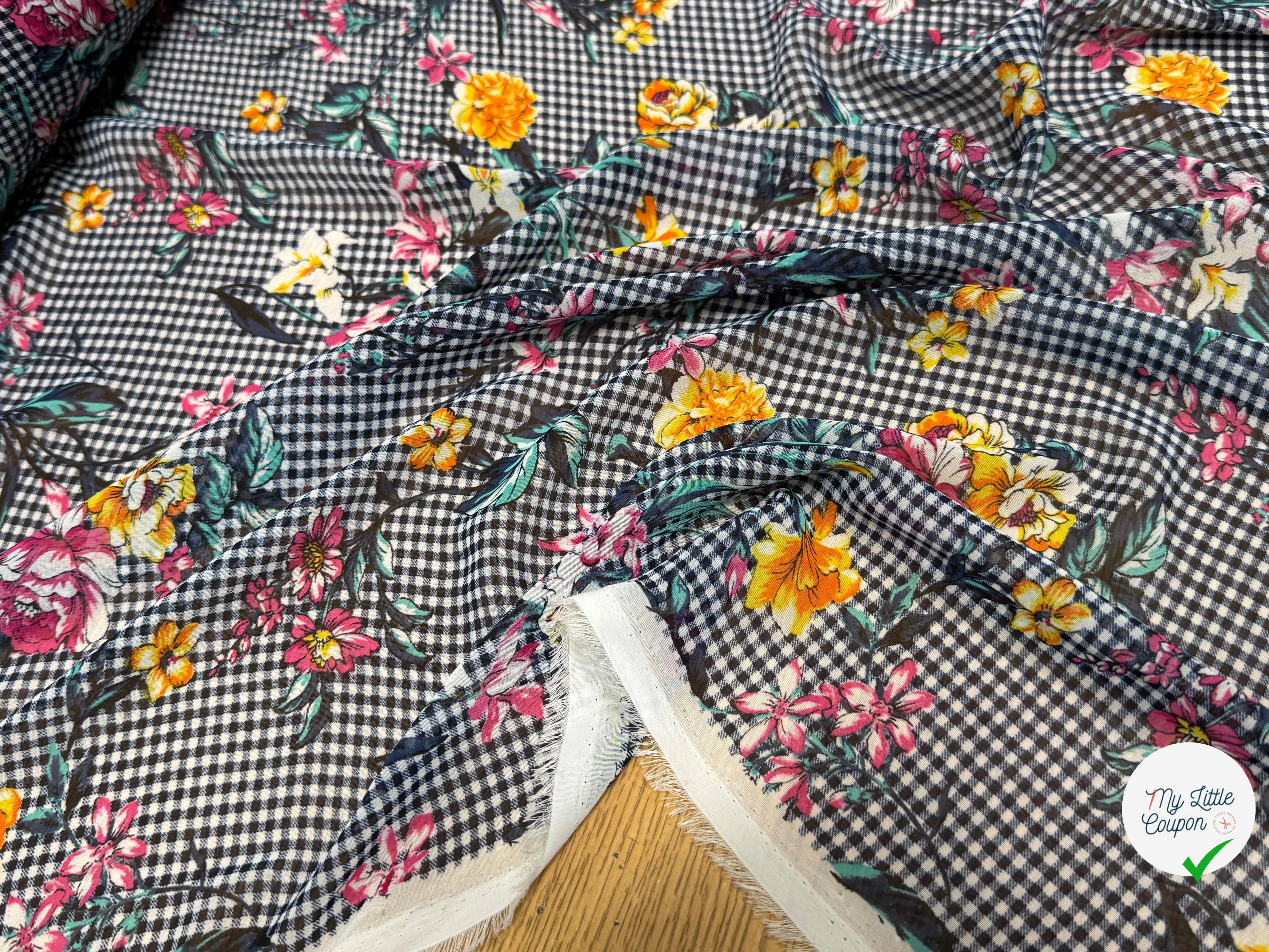 CHIFFON VICHY BLEU FLUIDE GROSSES FLEURS SUPER BEAU - My Little Coupon