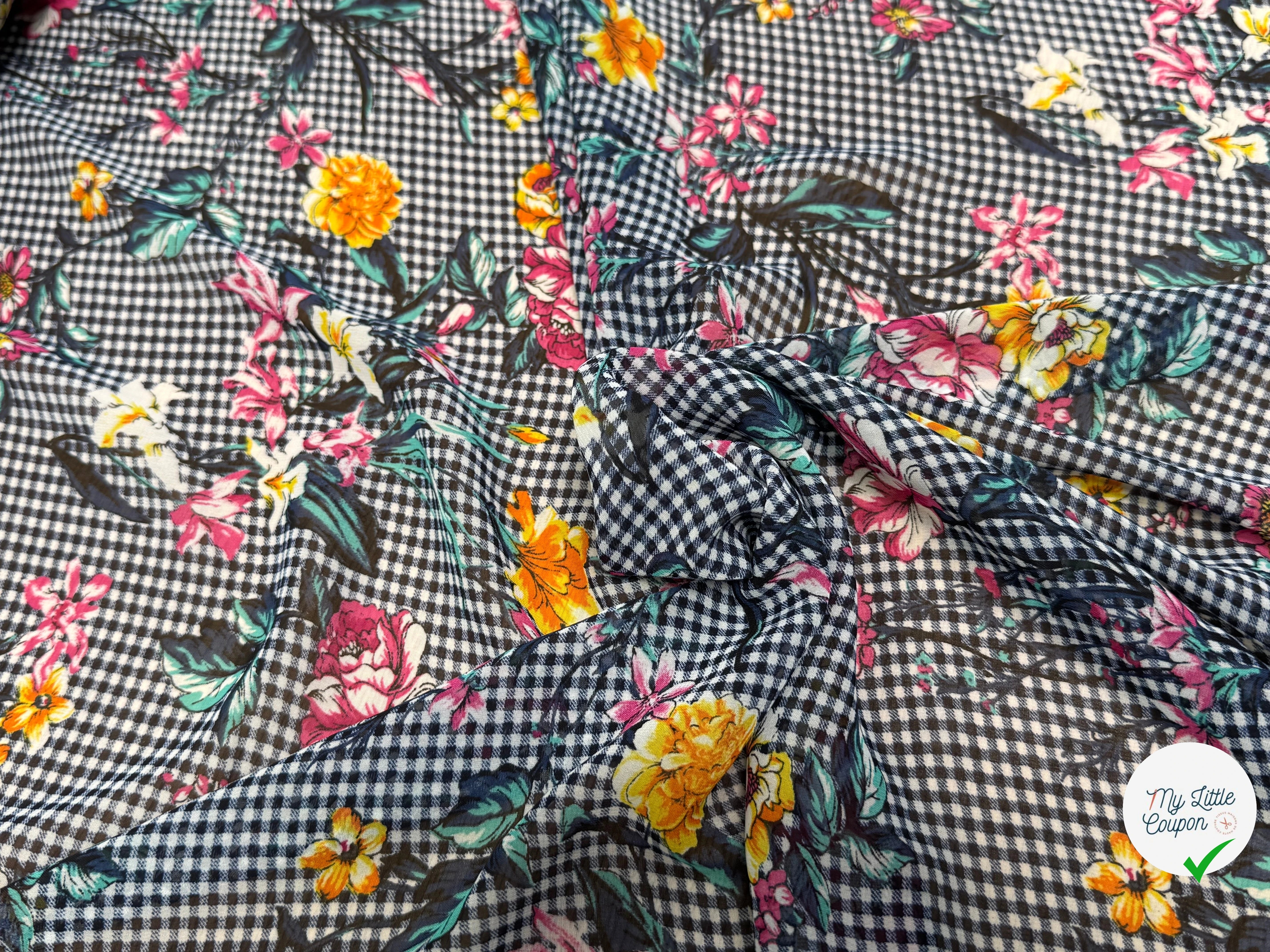 CHIFFON VICHY BLEU FLUIDE GROSSES FLEURS SUPER BEAU - My Little Coupon