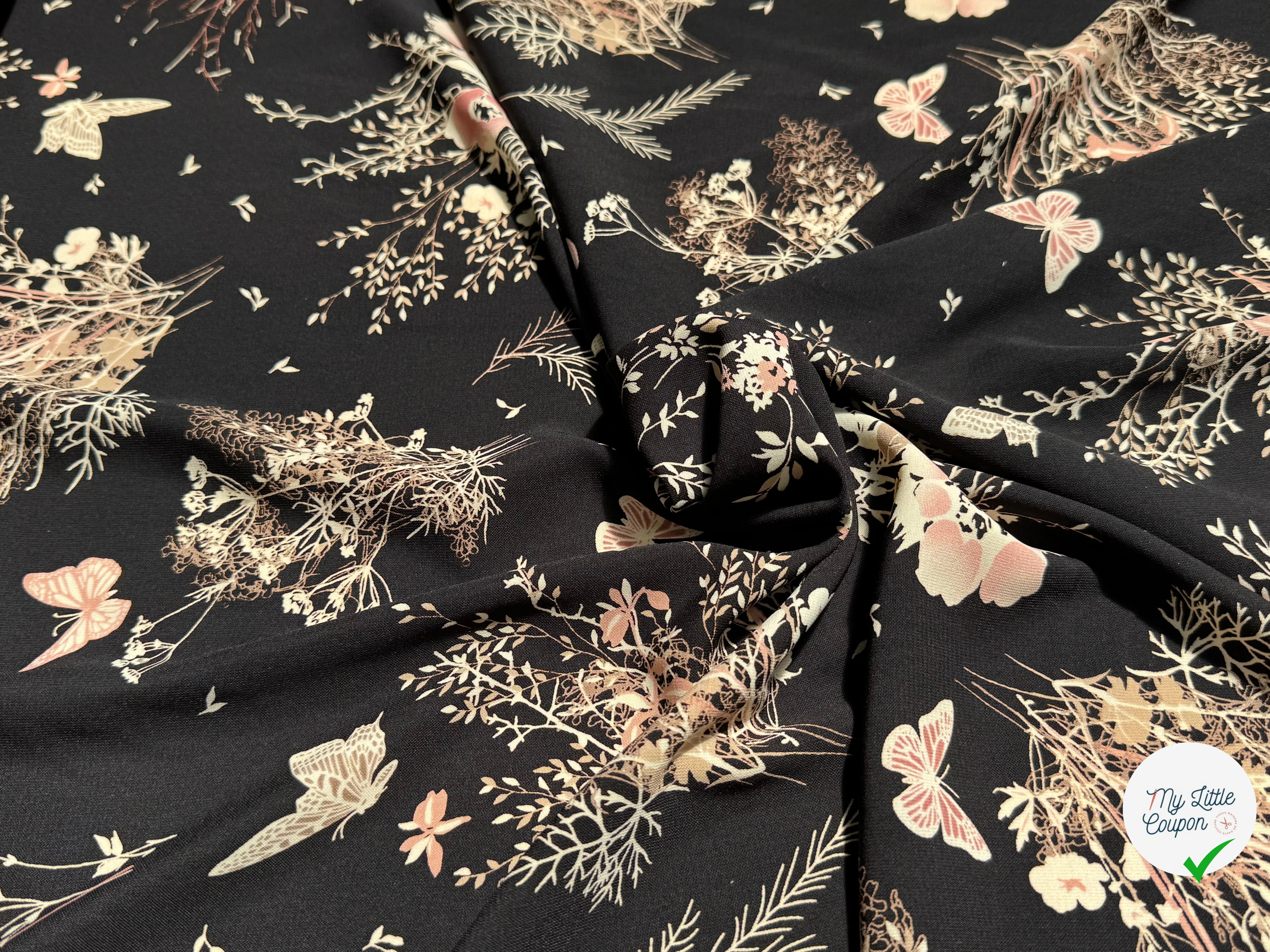 CREPE FLUIDE FOND NOIR MOTIFS FLORAUX PAPILLONS - My Little Coupon