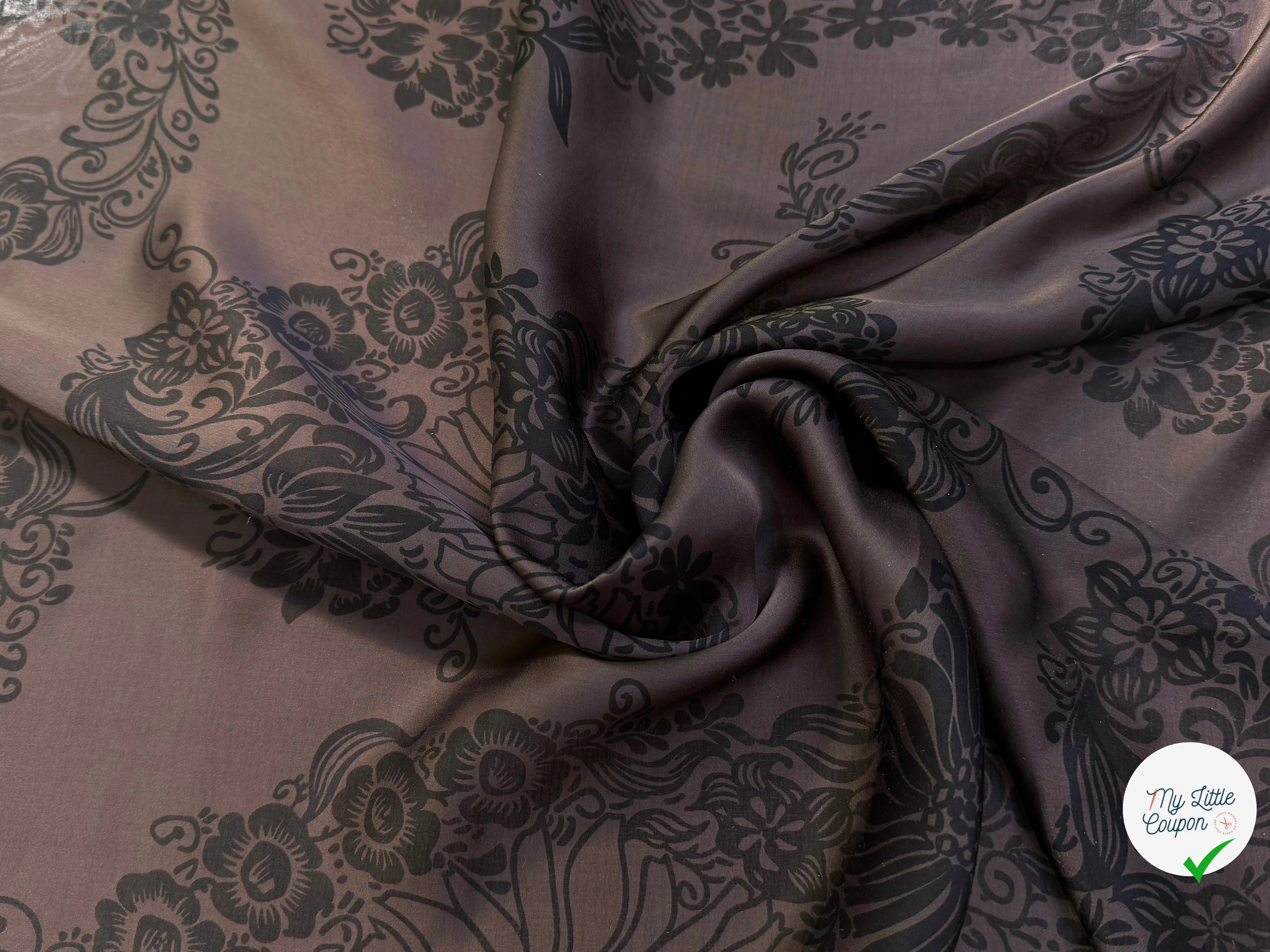 SATIN DE SOIE FLUIDE SMOKY BROWN IMPRIMÉ BASE DE FLEURS - My Little Coupon
