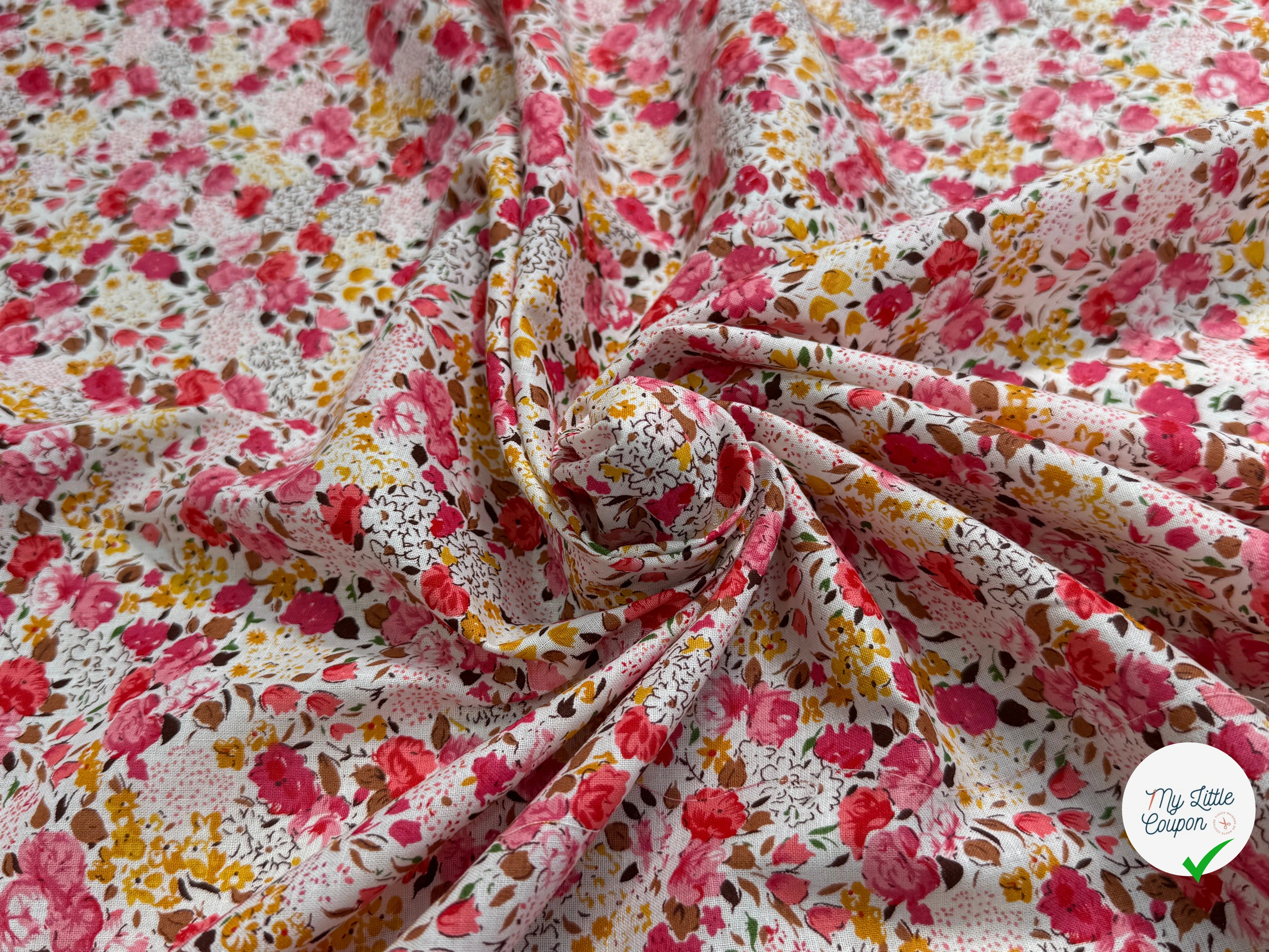 COTON À FLEURS FOND BLANC ROSE ORANGE - My Little Coupon