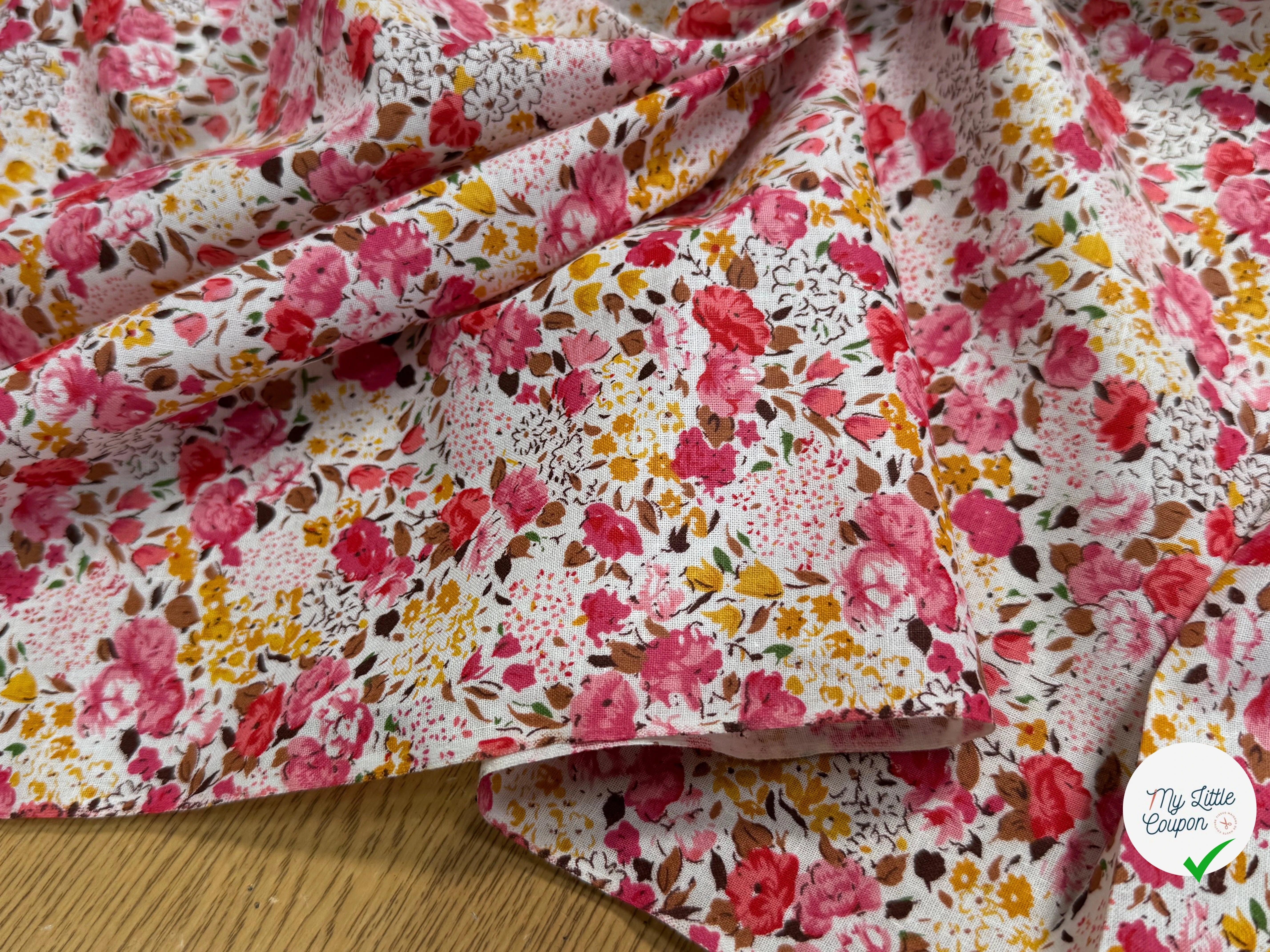 COTON À FLEURS FOND BLANC ROSE ORANGE - My Little Coupon