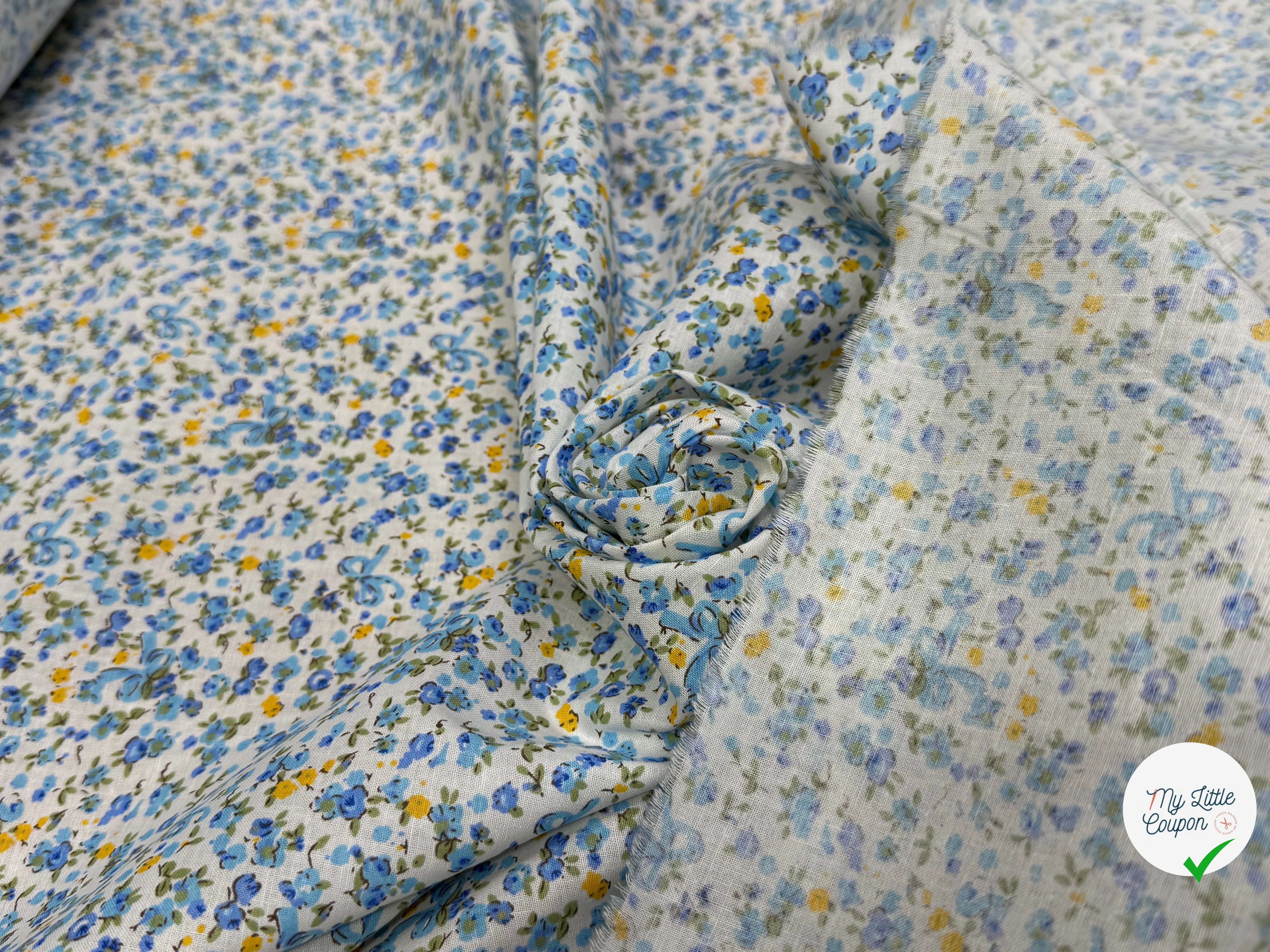 COTON FLEURS JAUNE BLEU FOND BLANC - My Little Coupon