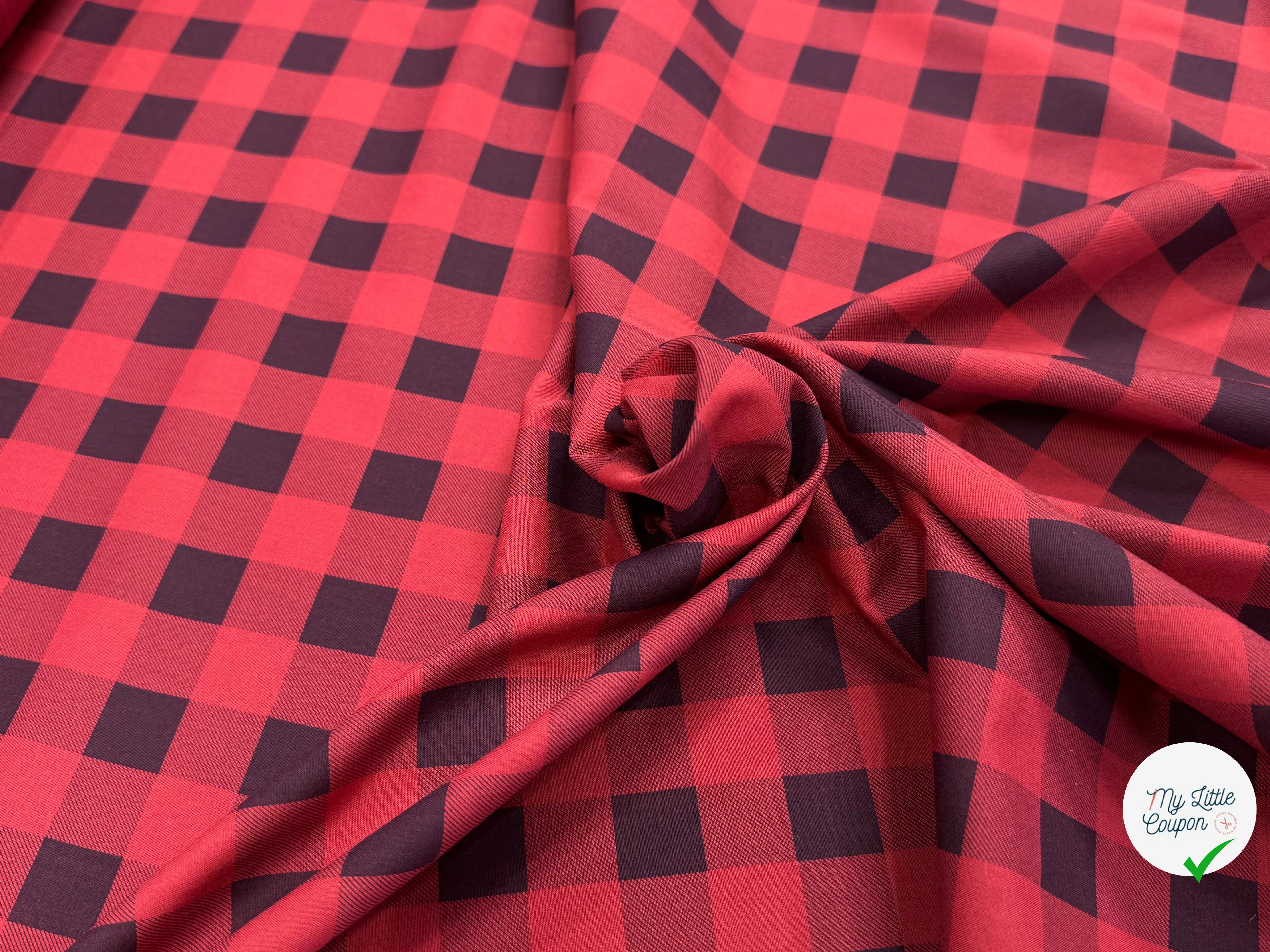 COTON LEGREMENT GRATTÉ À CARREAUX ROUGE ET NOIR ANTHRACITE 90% COTON - My Little Coupon