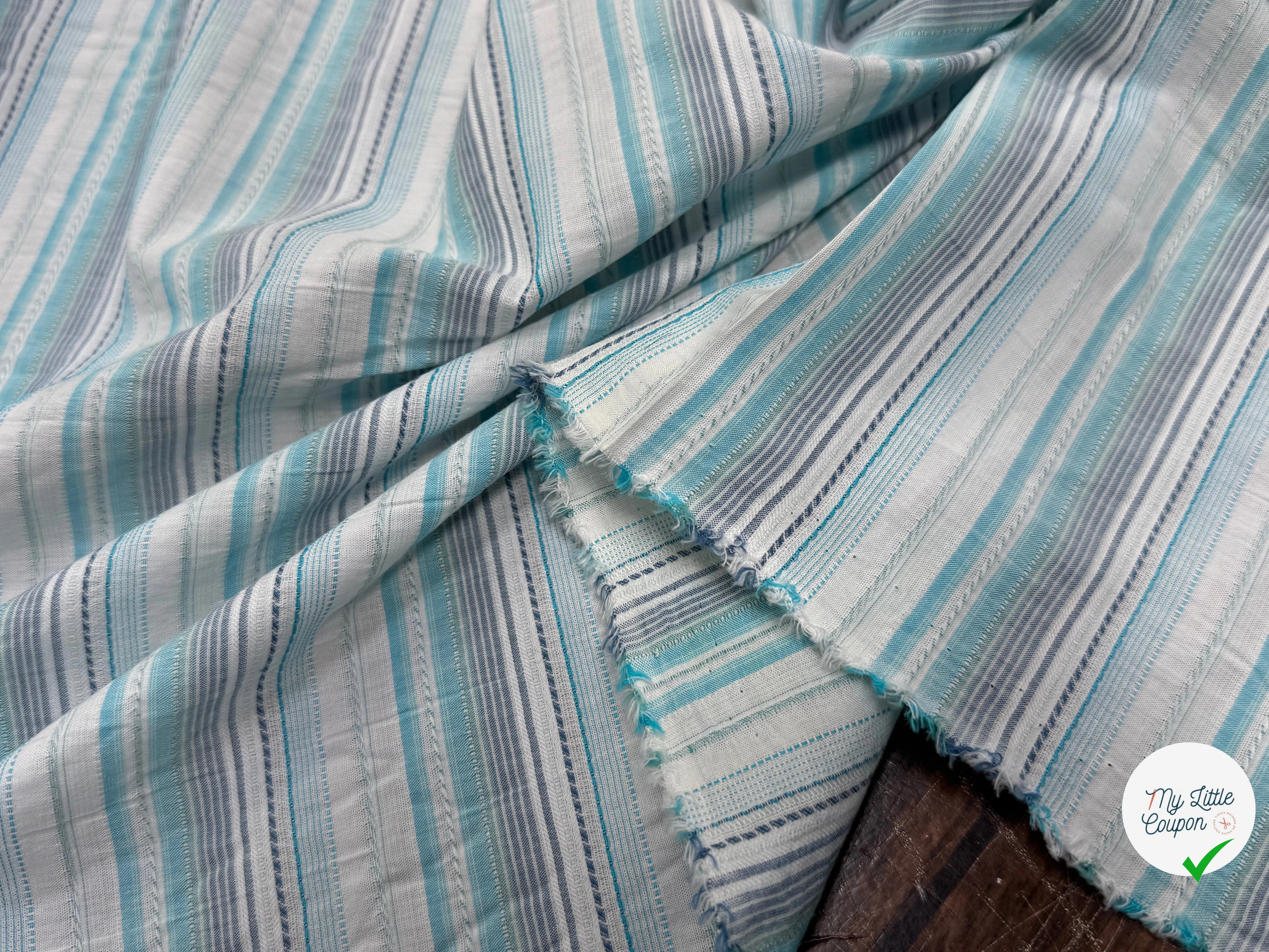 COTON SEMI-GAUFFRÉ À RAYURES TISSÉES BLEU BLANC - My Little Coupon