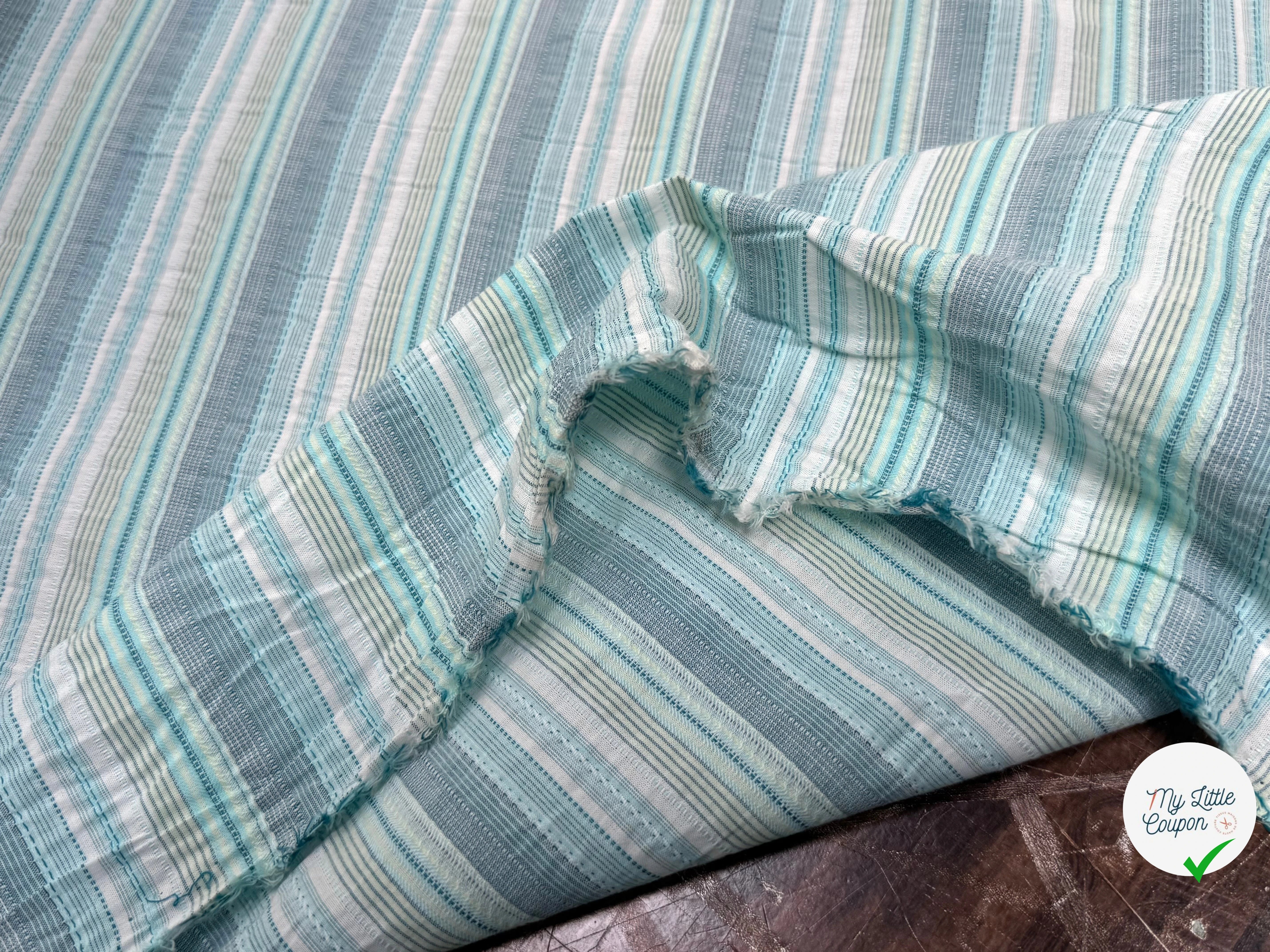COTON SEMI-GAUFFRÉ À RAYURES TISSÉES BLEU VERT - My Little Coupon