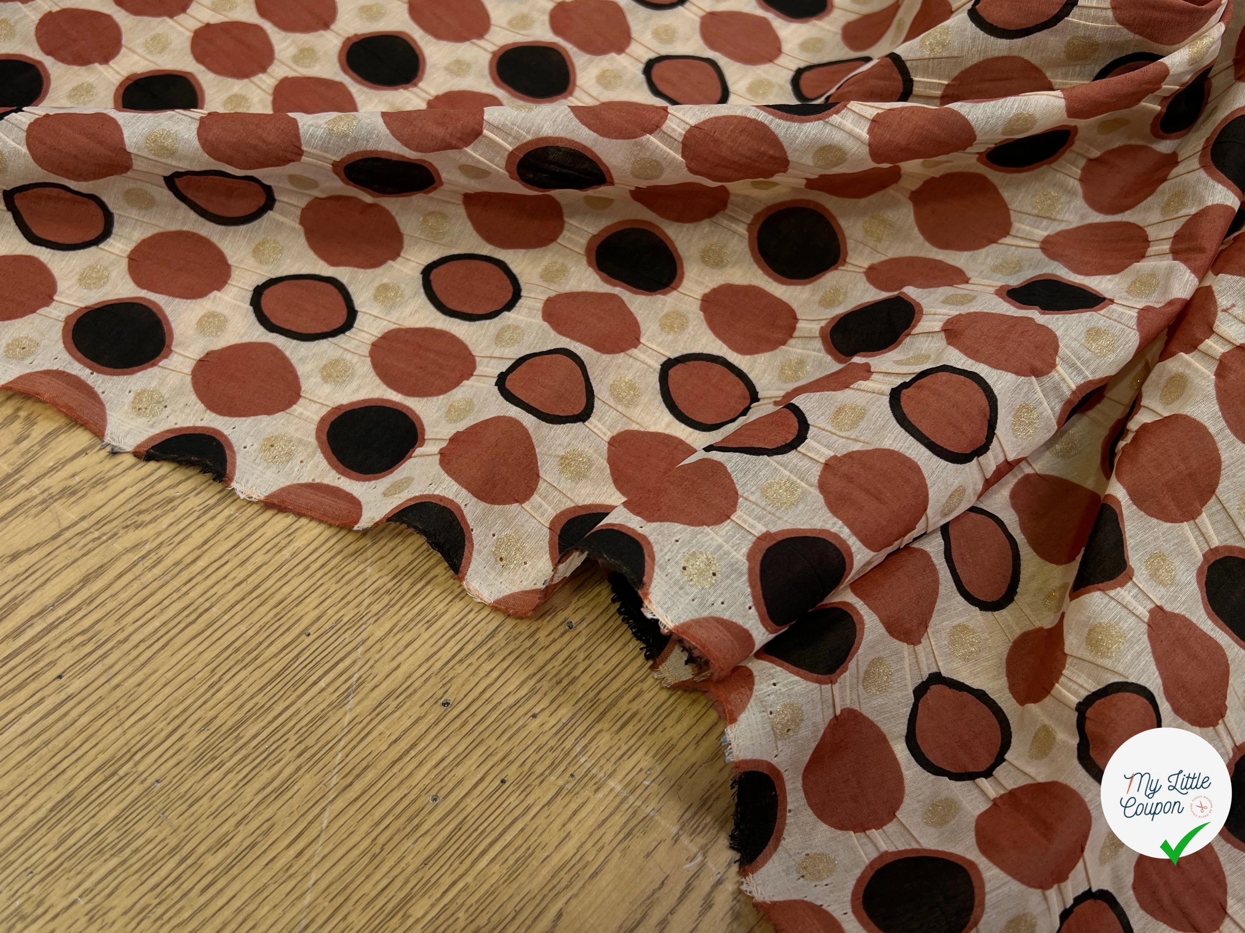 COTON SOIE FOND BEIGE MOTIF CERCLES MARRON ET NOIR POIDS OR BRILLANT 30% SOIE - My Little Coupon
