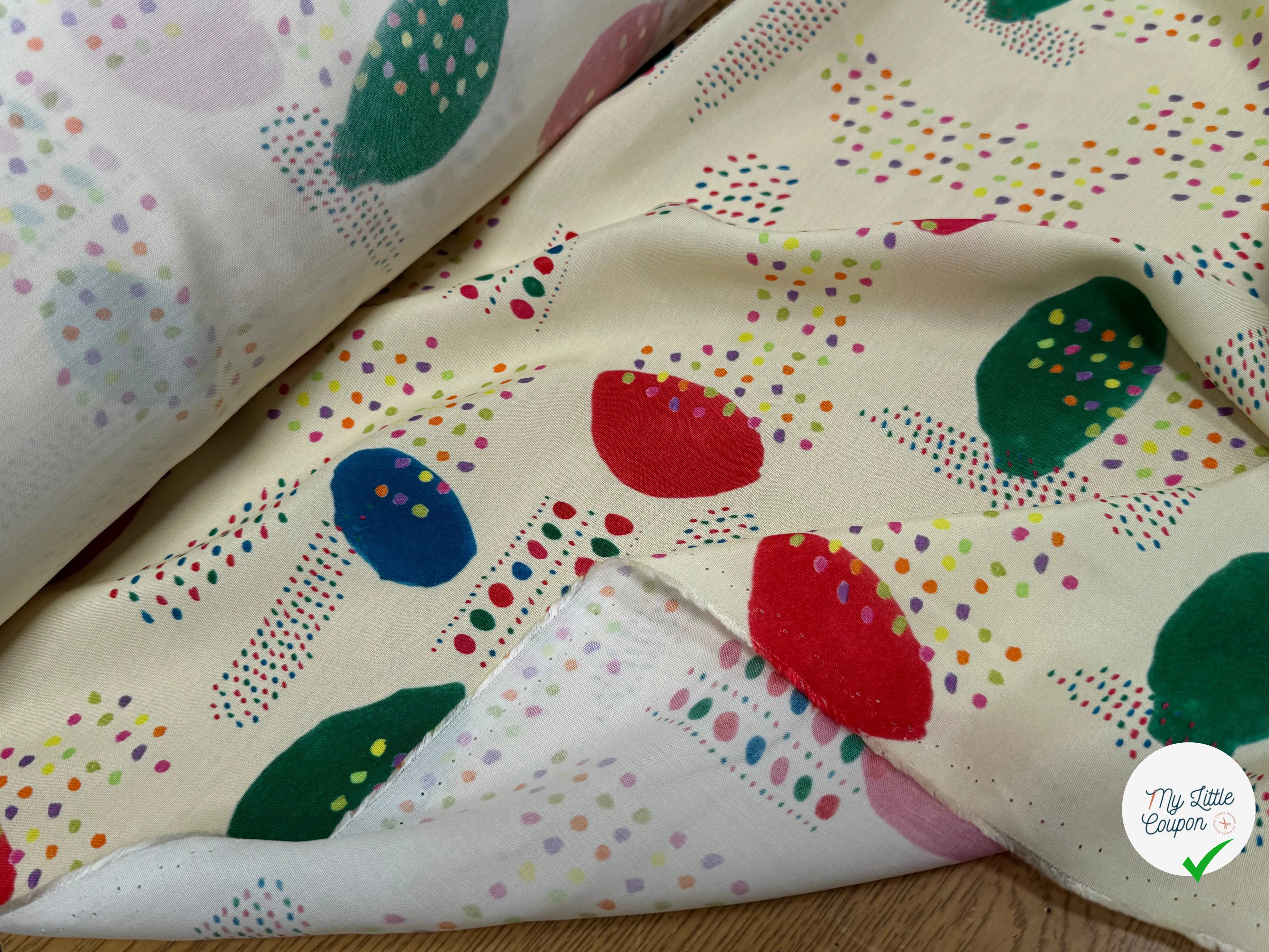 CRÊPE DE VISCOSE ÉCRU IMPRIMÉ POIS MULTICOLORES FANTASY DISPATCH - My Little Coupon