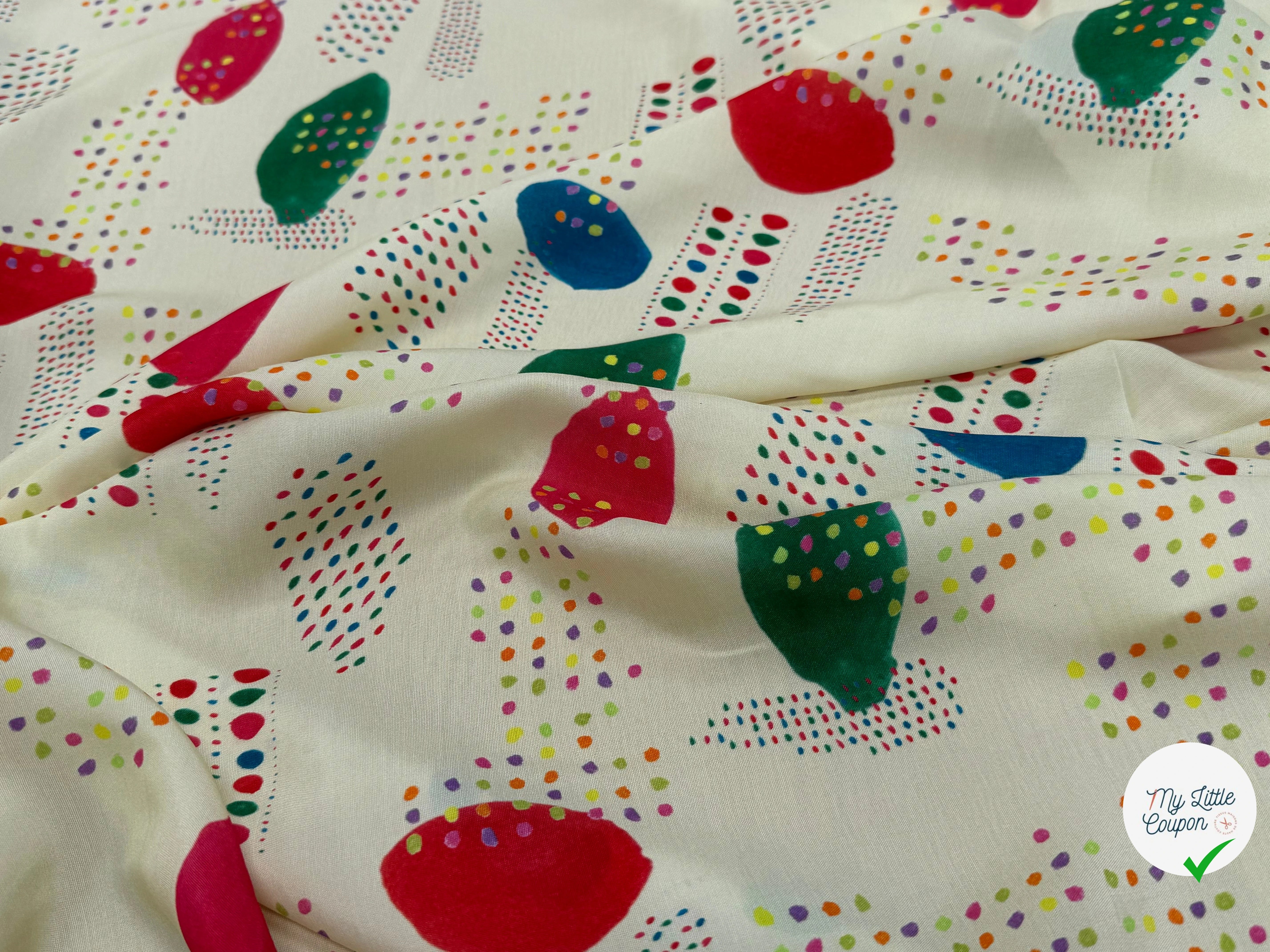 CRÊPE DE VISCOSE ÉCRU IMPRIMÉ POIS MULTICOLORES FANTASY DISPATCH - My Little Coupon