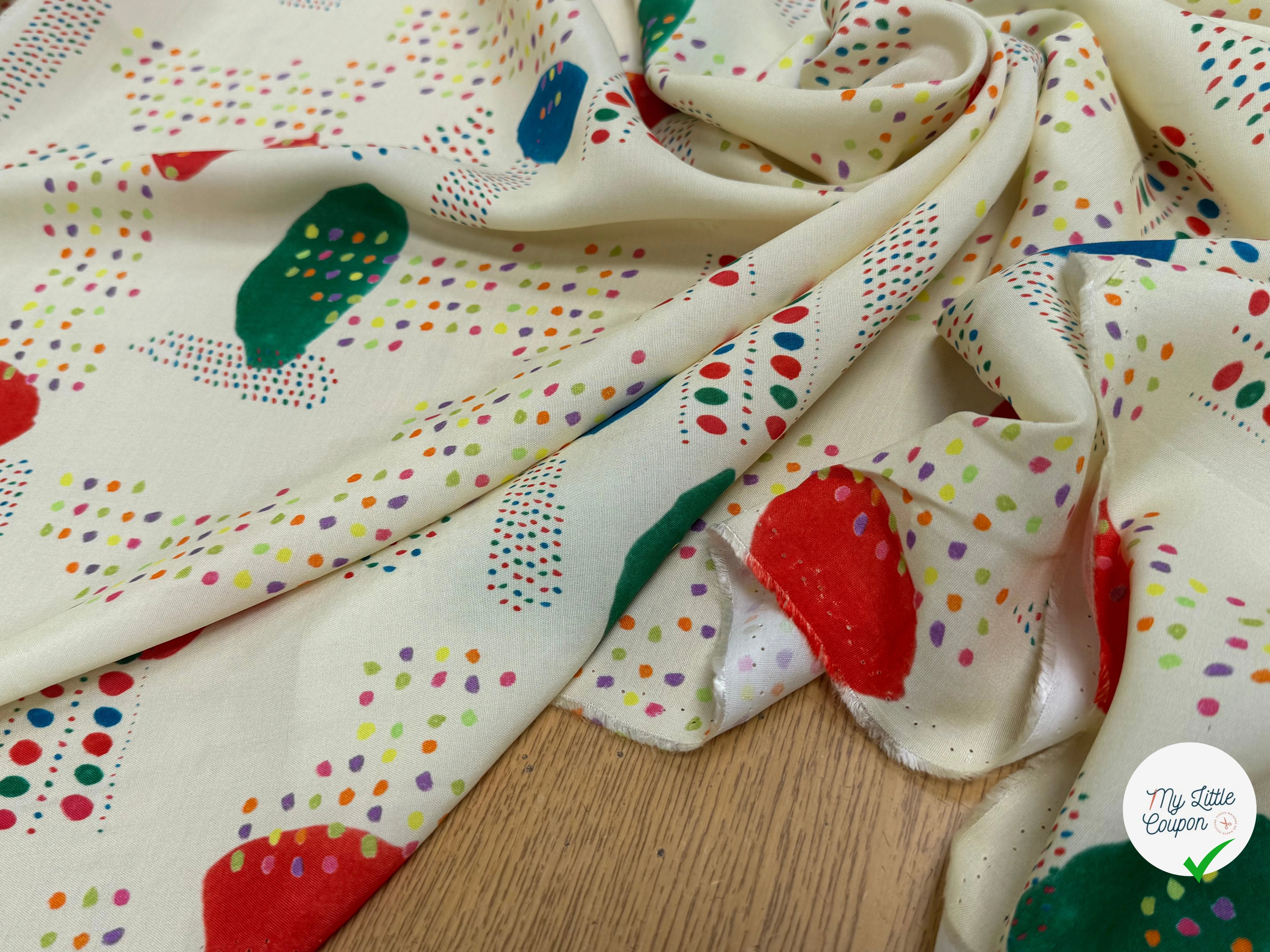 CRÊPE DE VISCOSE ÉCRU IMPRIMÉ POIS MULTICOLORES FANTASY DISPATCH - My Little Coupon