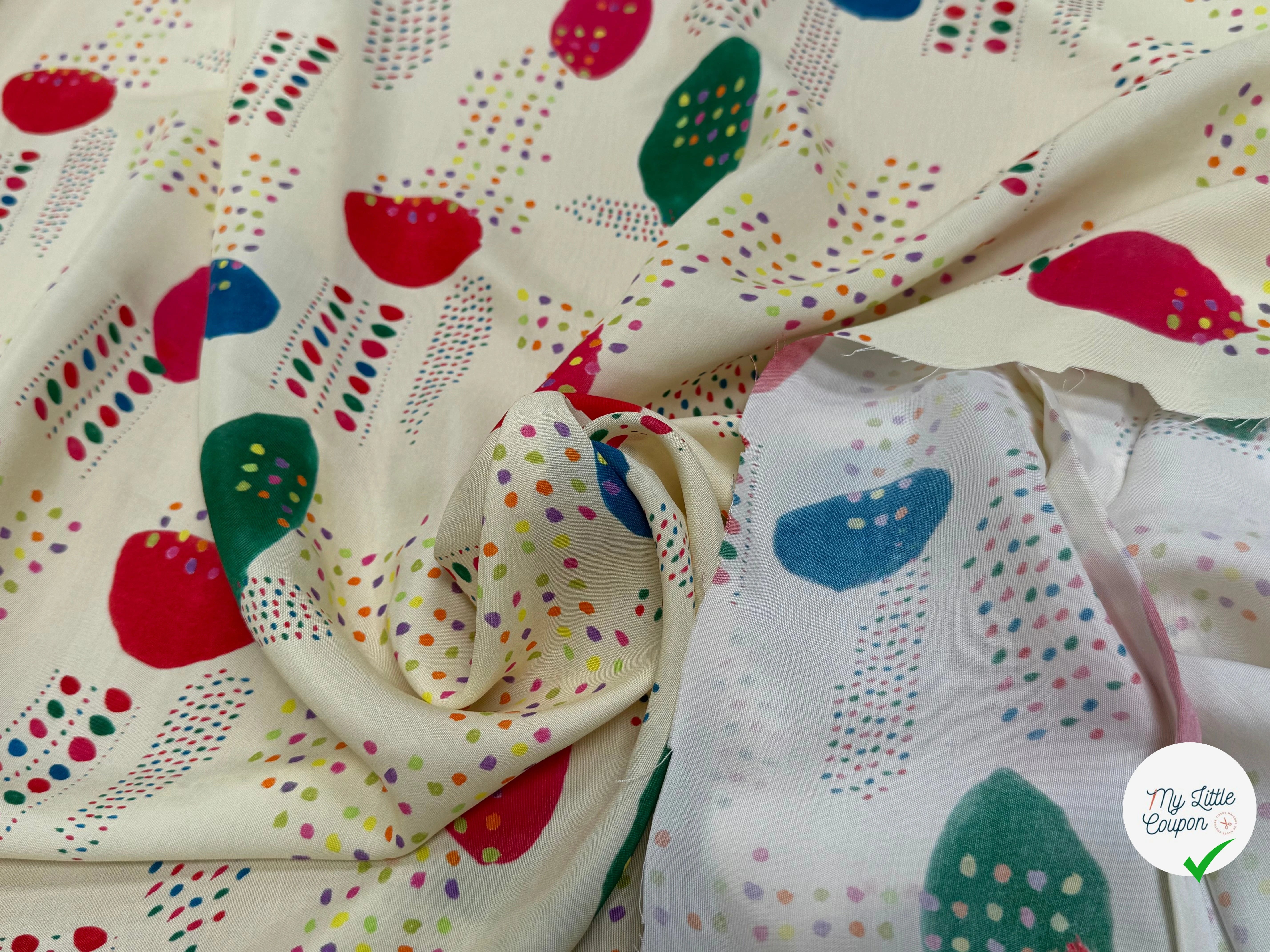 CRÊPE DE VISCOSE ÉCRU IMPRIMÉ POIS MULTICOLORES FANTASY DISPATCH - My Little Coupon