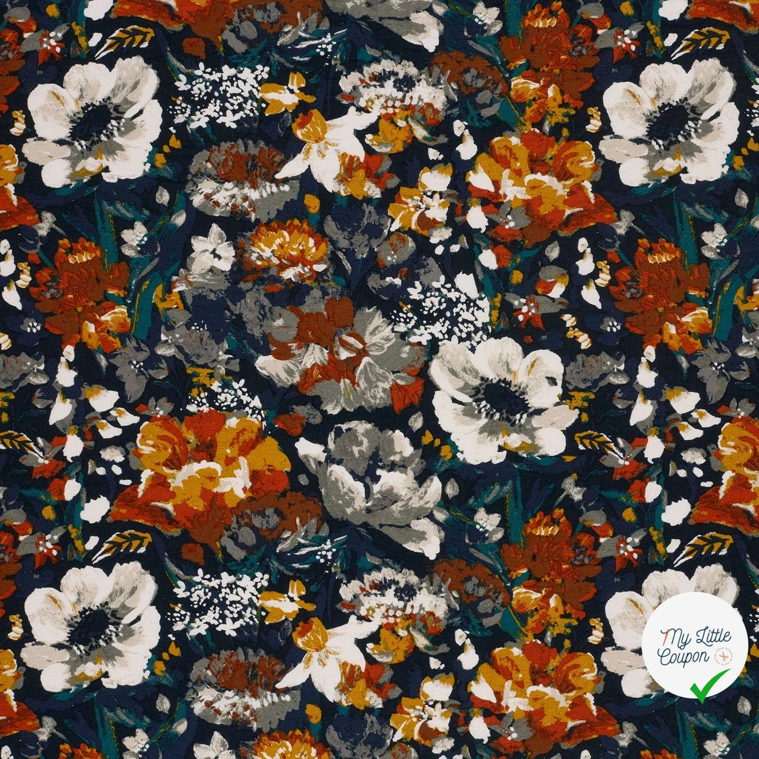 Crêpe de viscose fleurs bleu marine