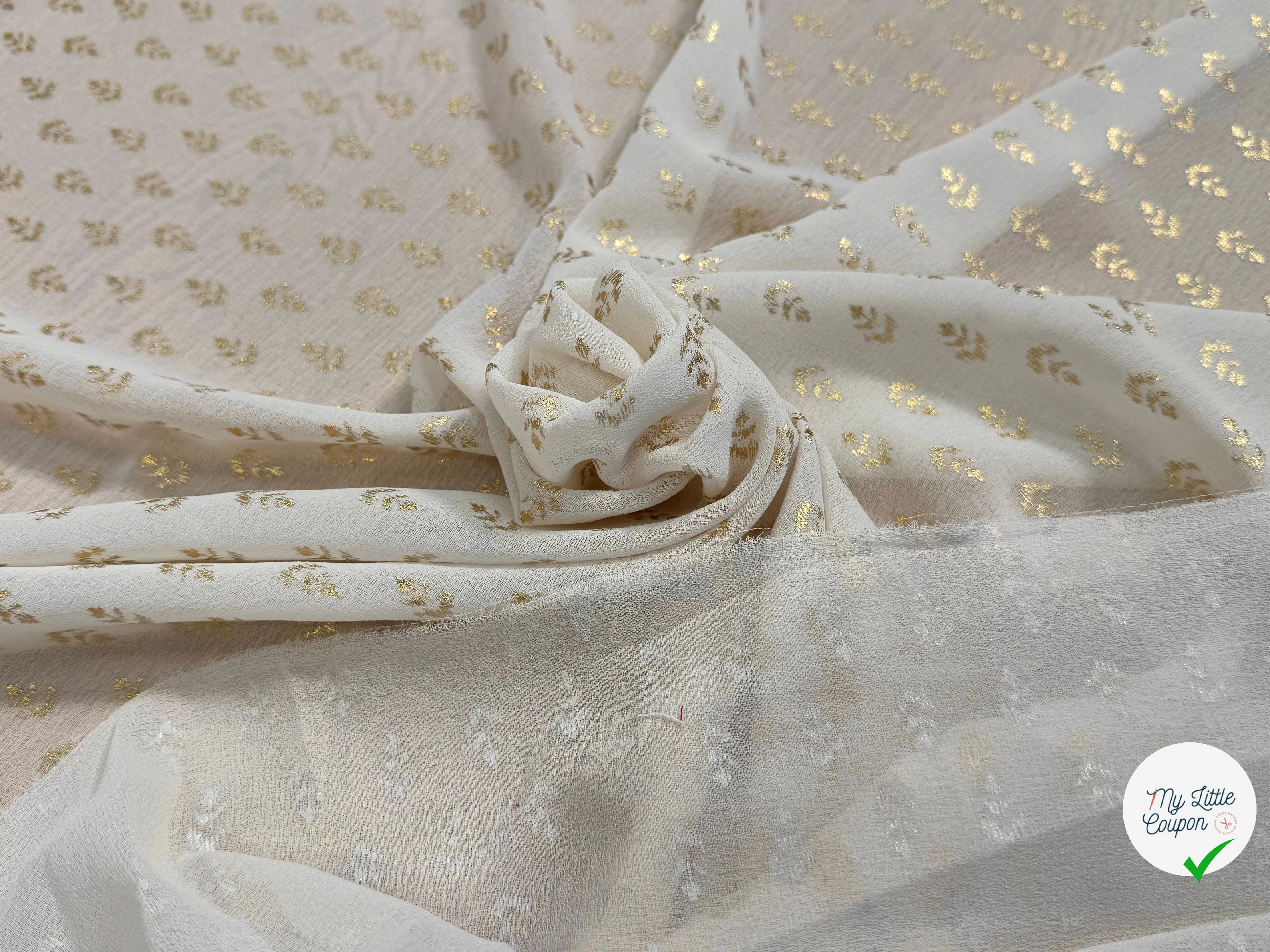 CREPE FLUIDE ÉCRU MOTIF FEUILLAGES OR - My Little Coupon