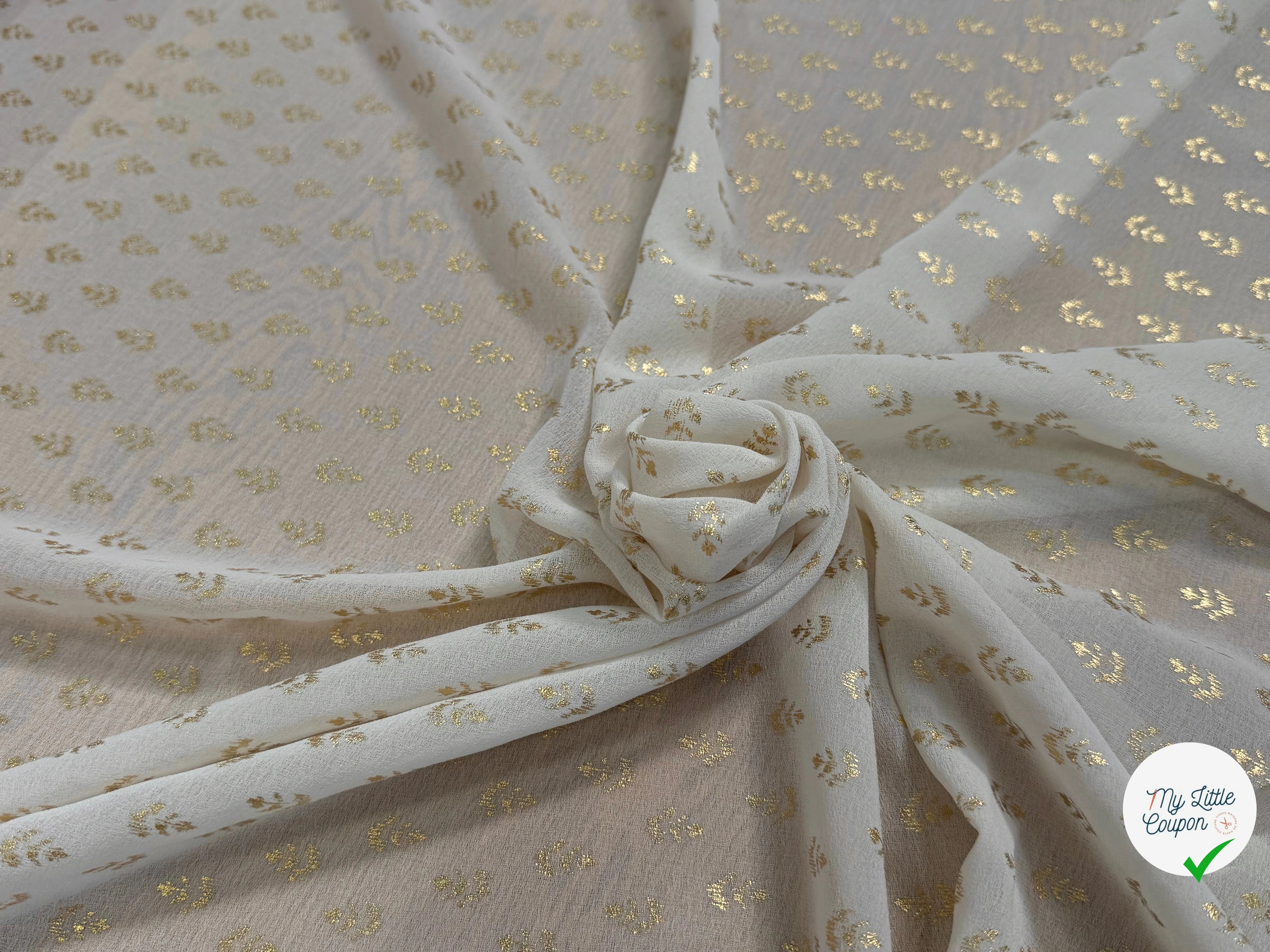 CREPE FLUIDE ÉCRU MOTIF FEUILLAGES OR - My Little Coupon