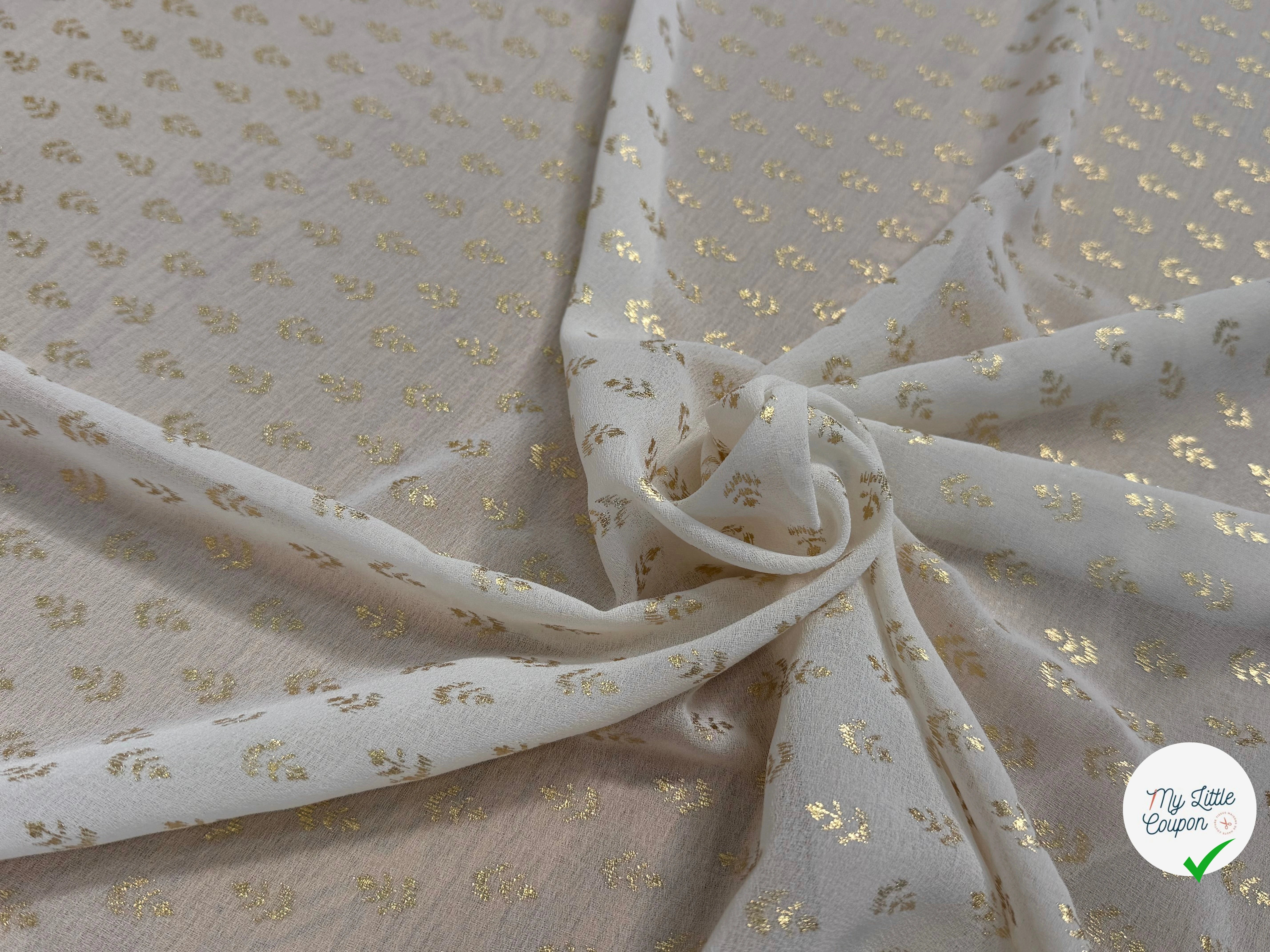CREPE FLUIDE ÉCRU MOTIF FEUILLAGES OR - My Little Coupon