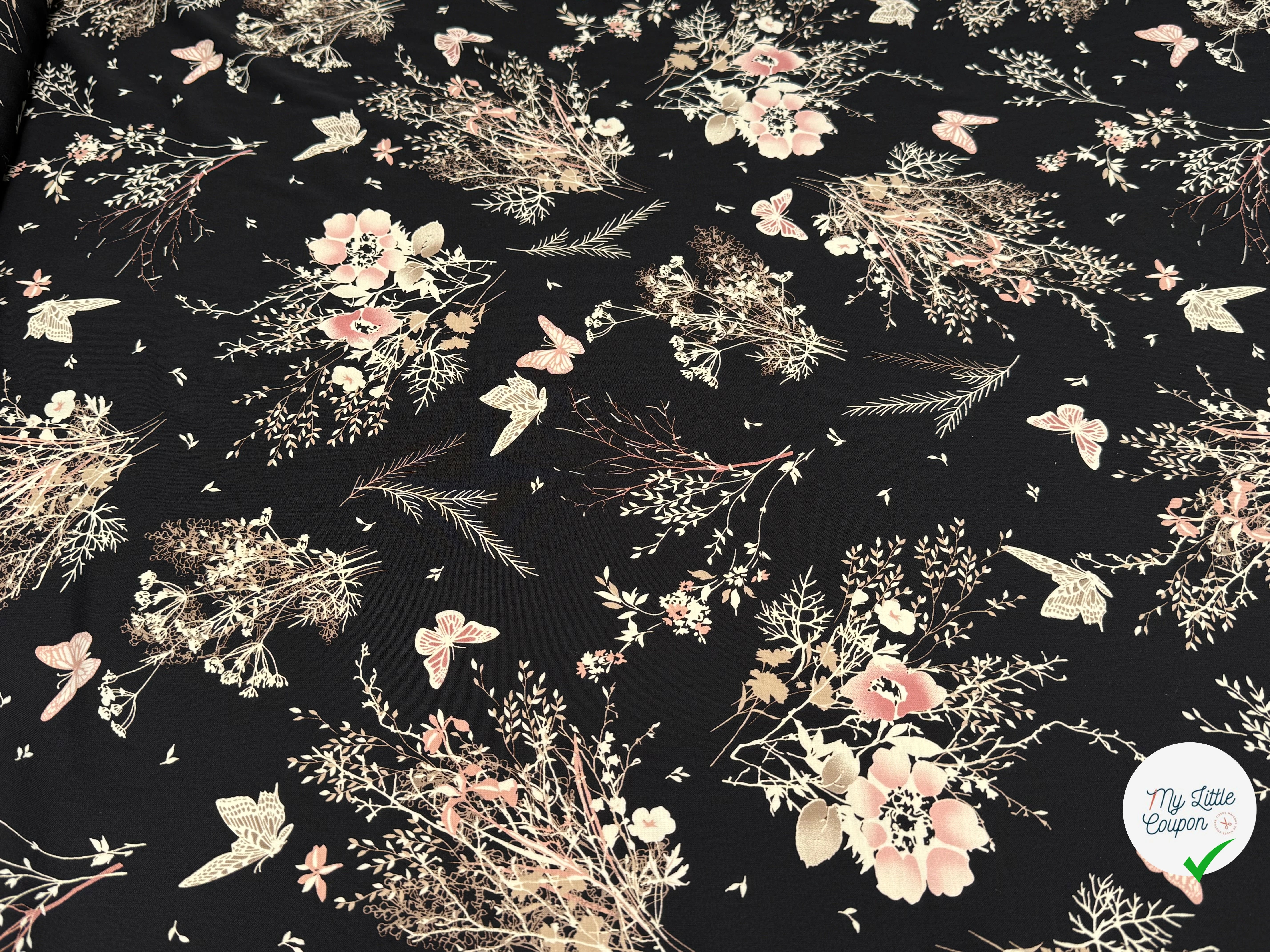 CREPE FLUIDE FOND NOIR MOTIFS FLORAUX PAPILLONS - My Little Coupon