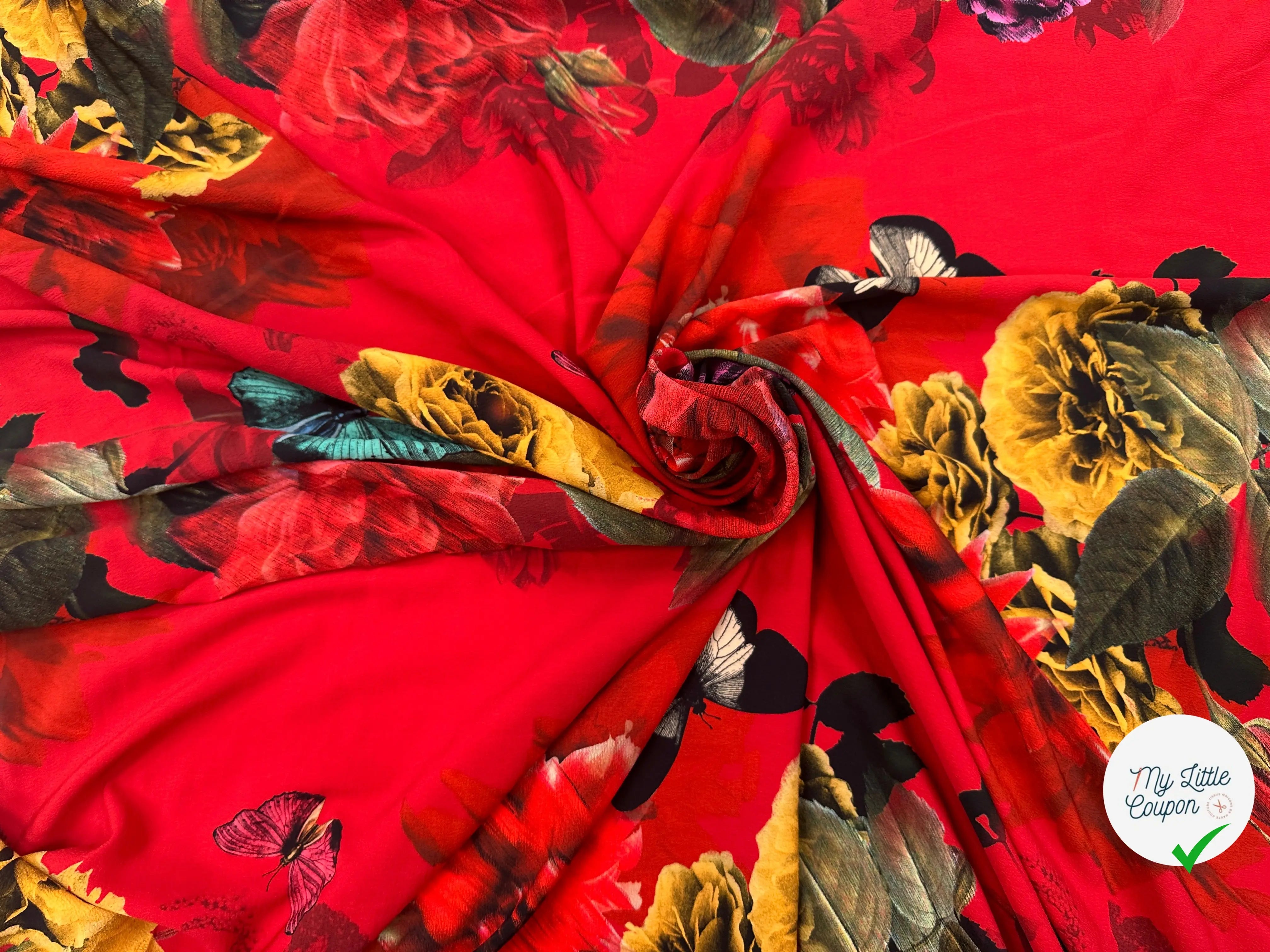 CREPE GAUFFRÉ ROUGE PAPILLONS & FLEURS MLC INTERN