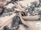 CRÊPE IMPRIMÉ TOILE DE JOUY NOIR FOND ROSE - My Little Coupon - tissu - coudre