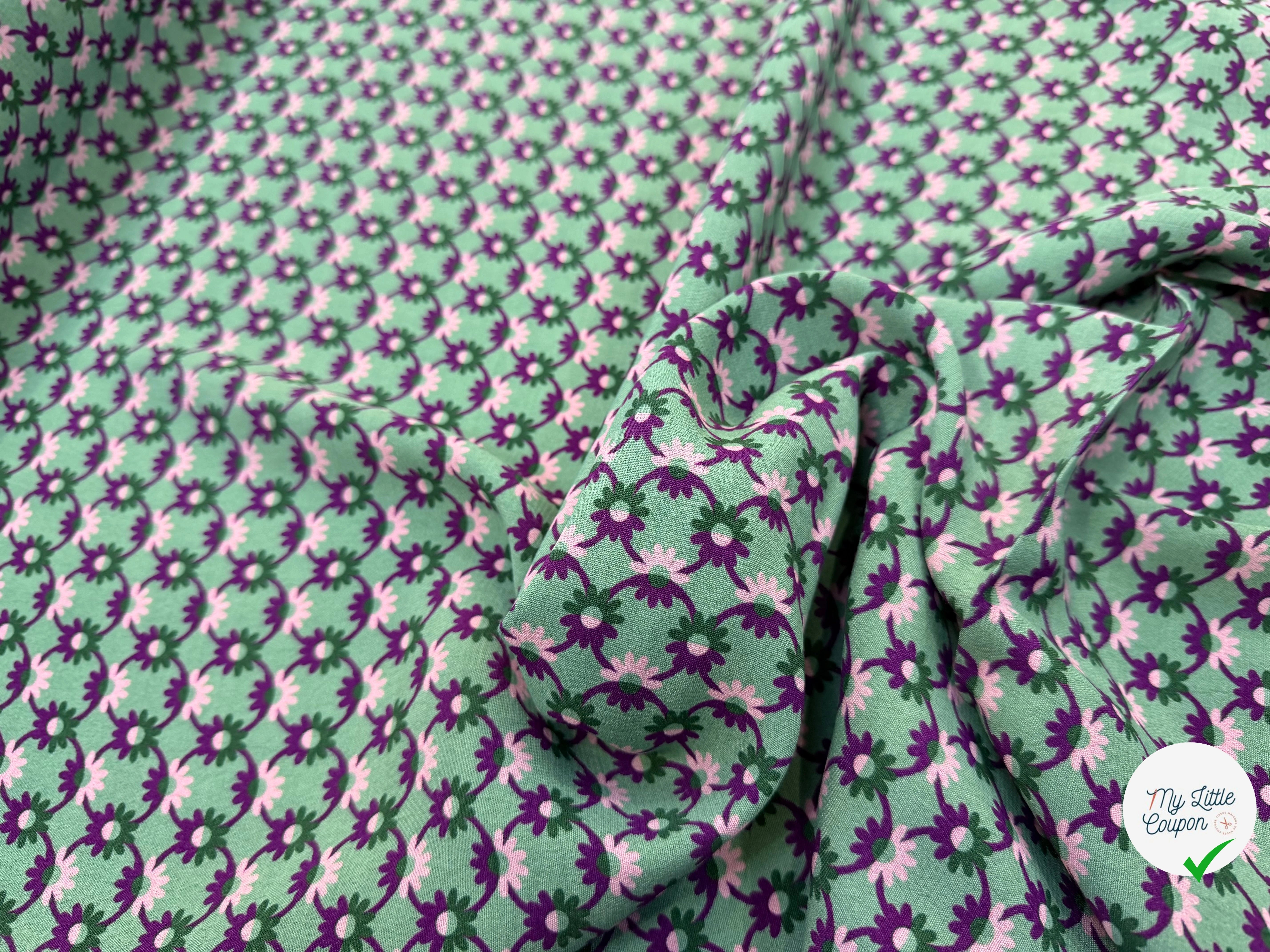 CREPE MAROCAIN 100% VISCOSE COMO PREMIUM VERT FLEURS VIOLETTES - My Little Coupon